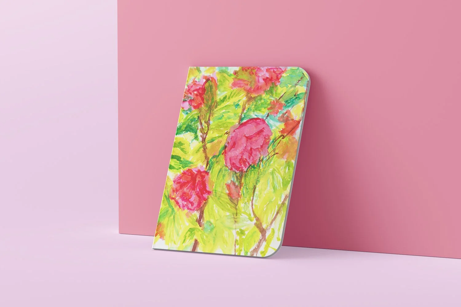 Hand-painted pink camellia watercolour notebook created by Paris-based illustrator Clare Jones using Gansai Tambi Japanese watercolours.