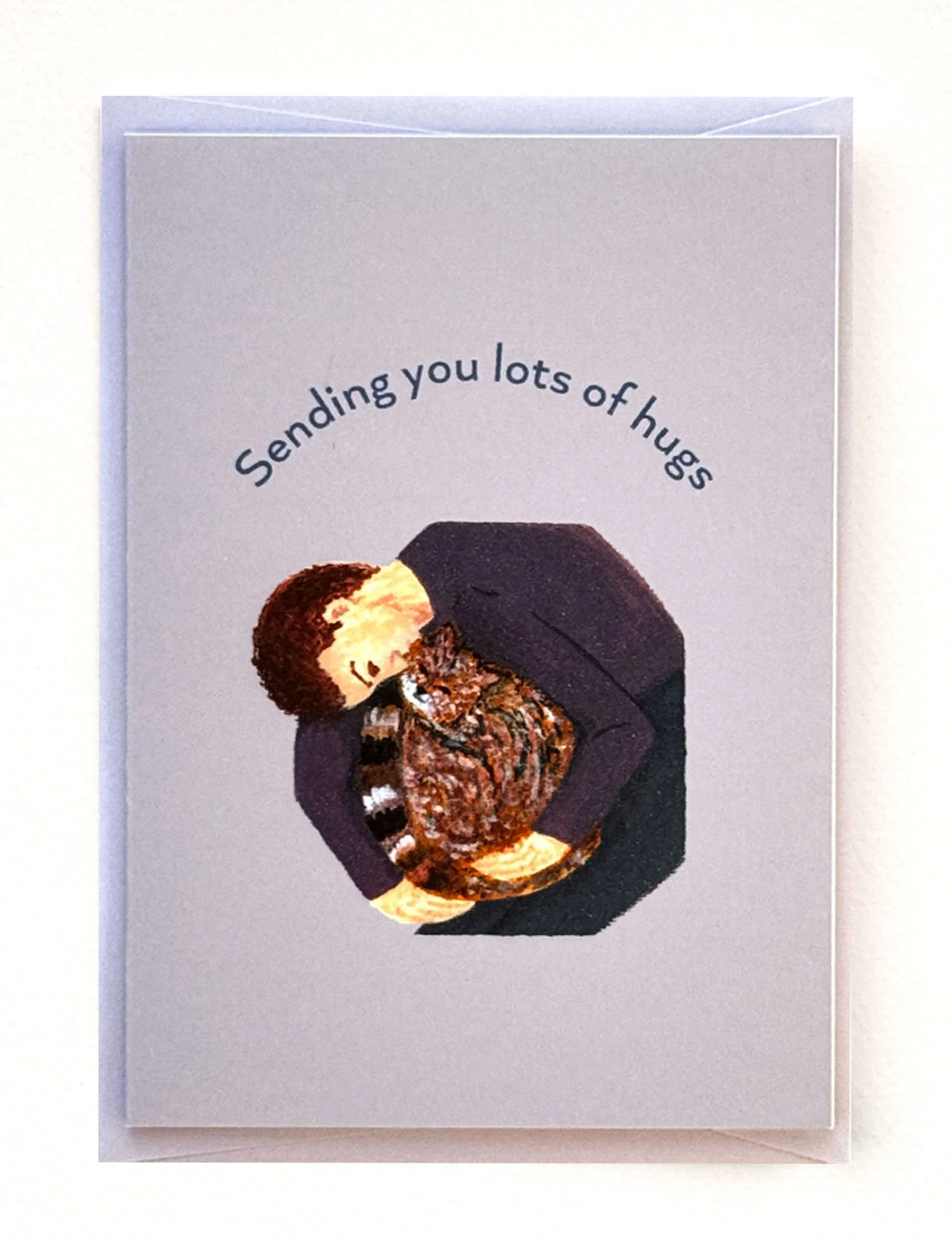 Greeting card with a man hugging a brown tabby cat - message reads Sending you lots of hugs