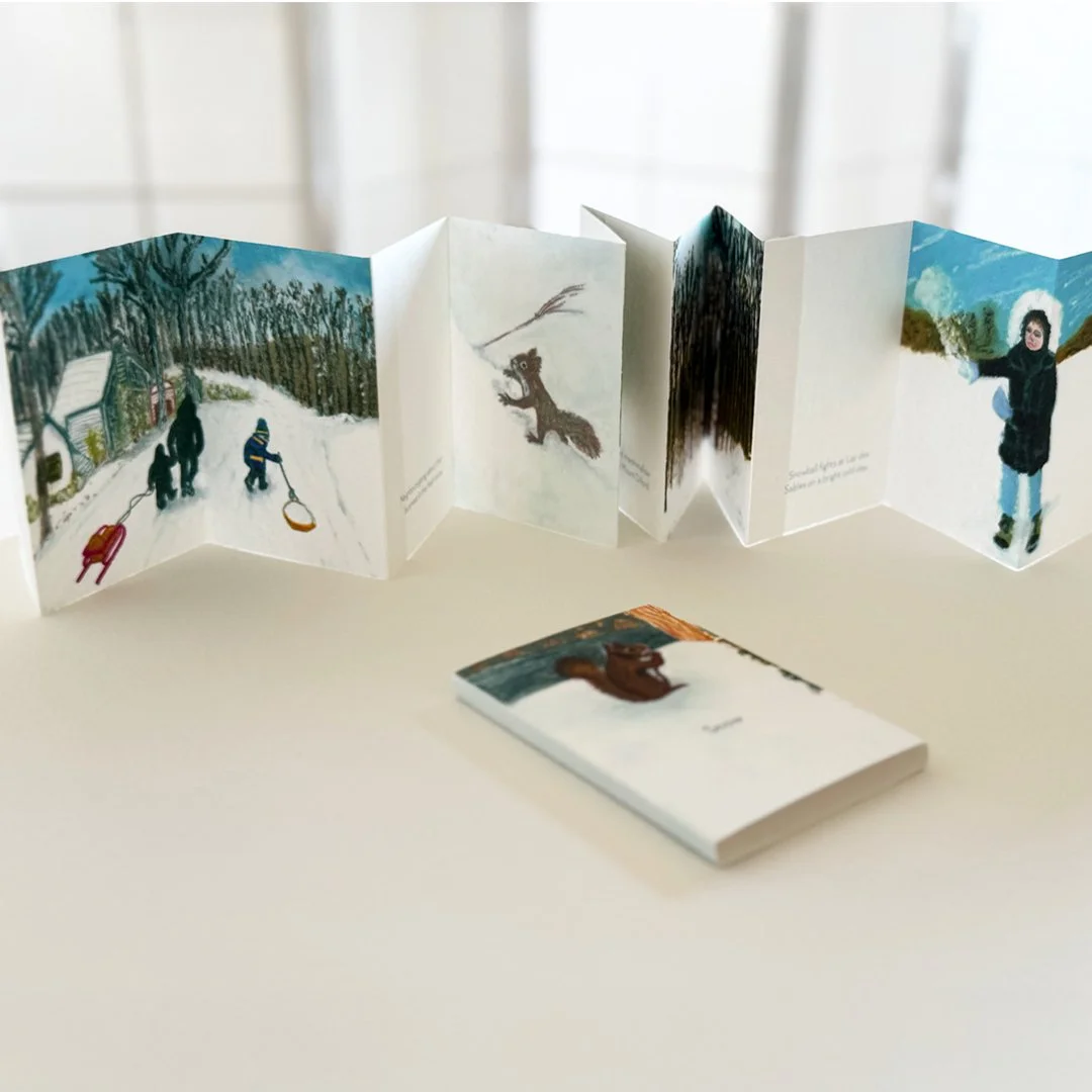 Snow concertina book, zine in oil pastels capturing fun in the snow.