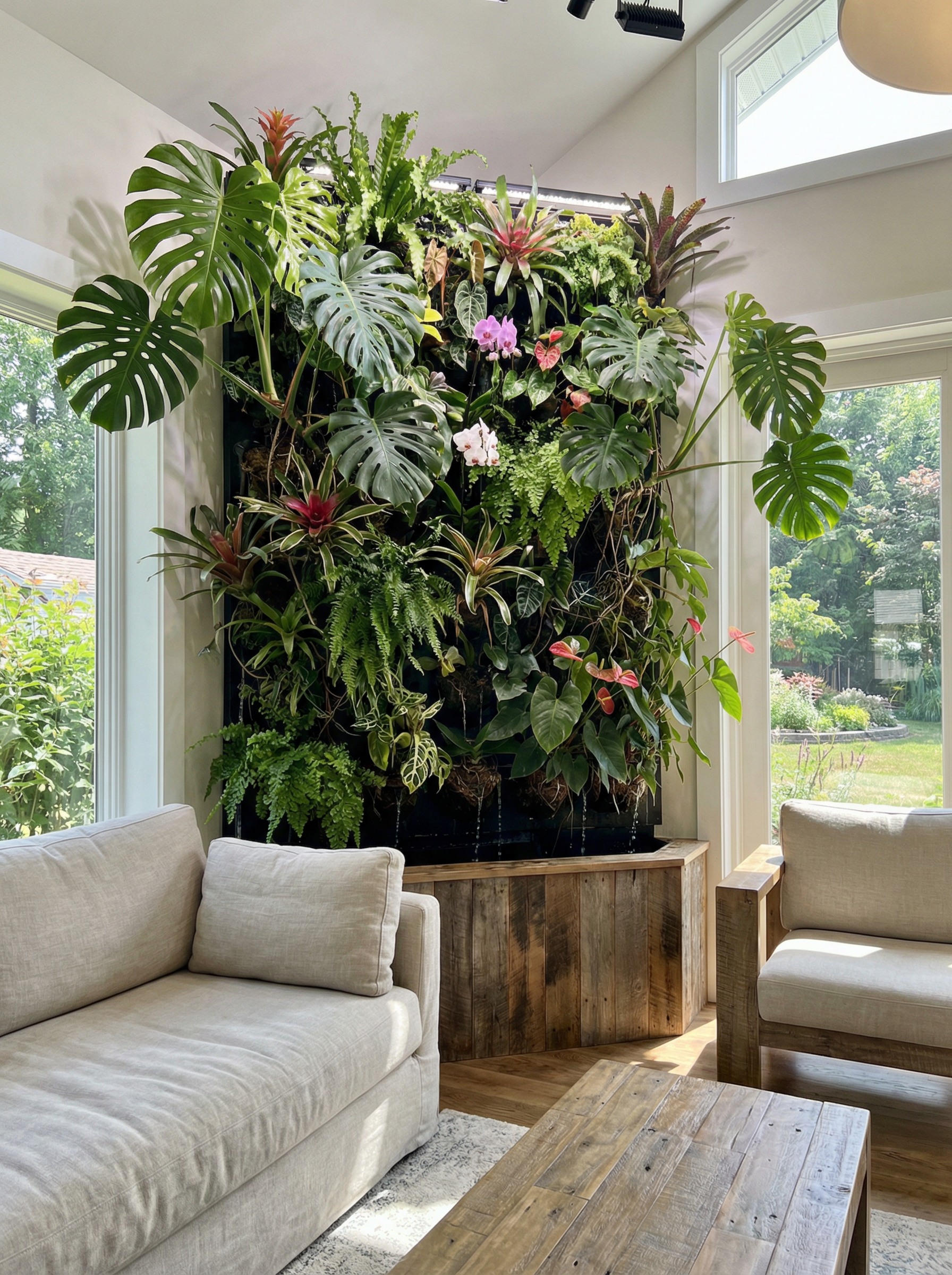 Mur végétal vivant sans entretien, plantes naturelles, végétalisation intérieure, design mur vegetal végétal, sur mesure, durable, écologique et innovant.