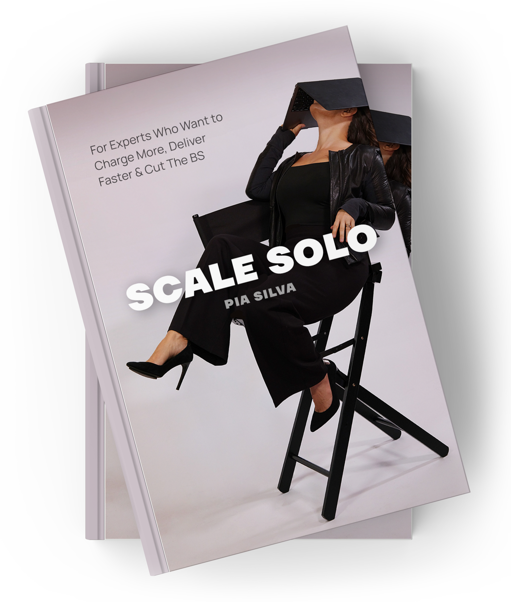 Book cover with a woman in black attire and heels sitting on a black chair, holding a laptop above her head, with a white background and minimal text.
