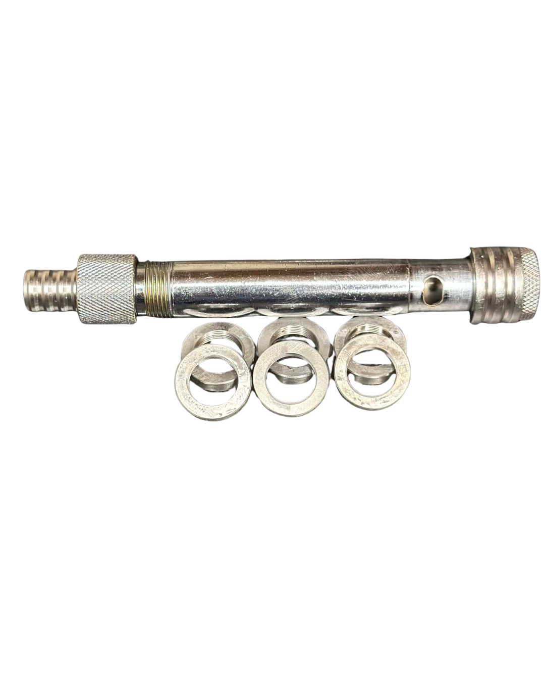 Metal tool with a long cylindrical rod and four washers or ring-shaped accessories.
