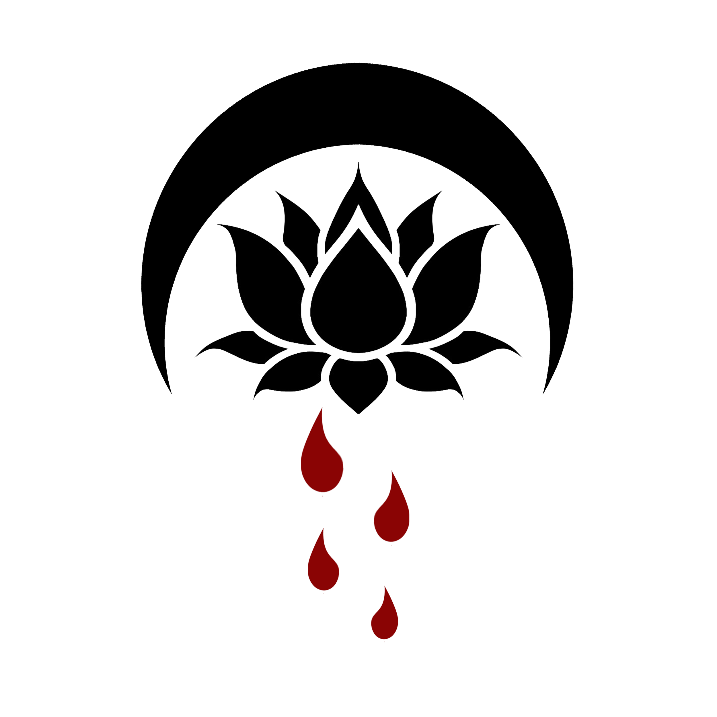 A line art illustration of a lotus flower with a circular frame, with three red droplets falling from the flower.