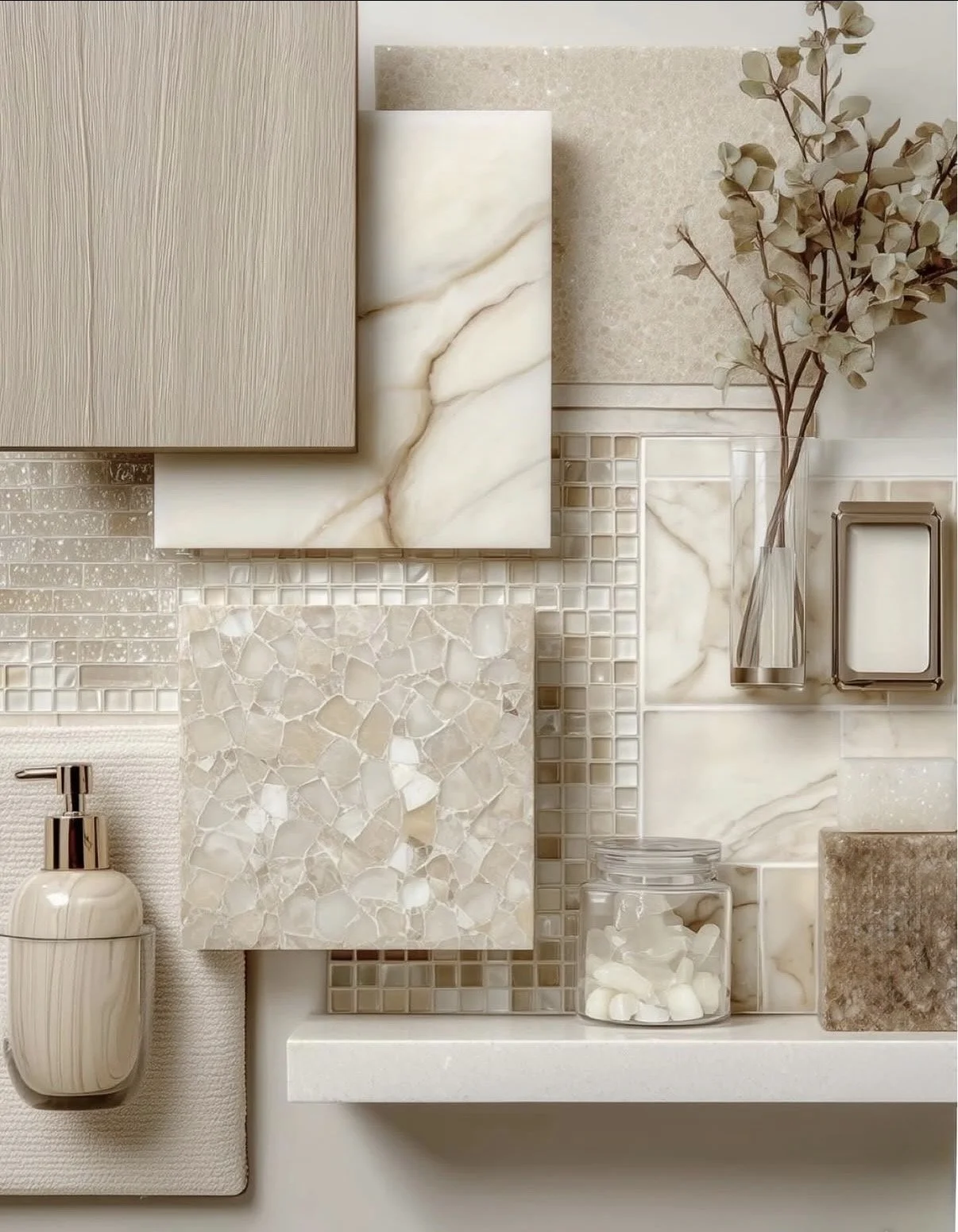A collection of neutral-toned tiles, samples, and a glass jar with white capsules, arranged on a white surface.