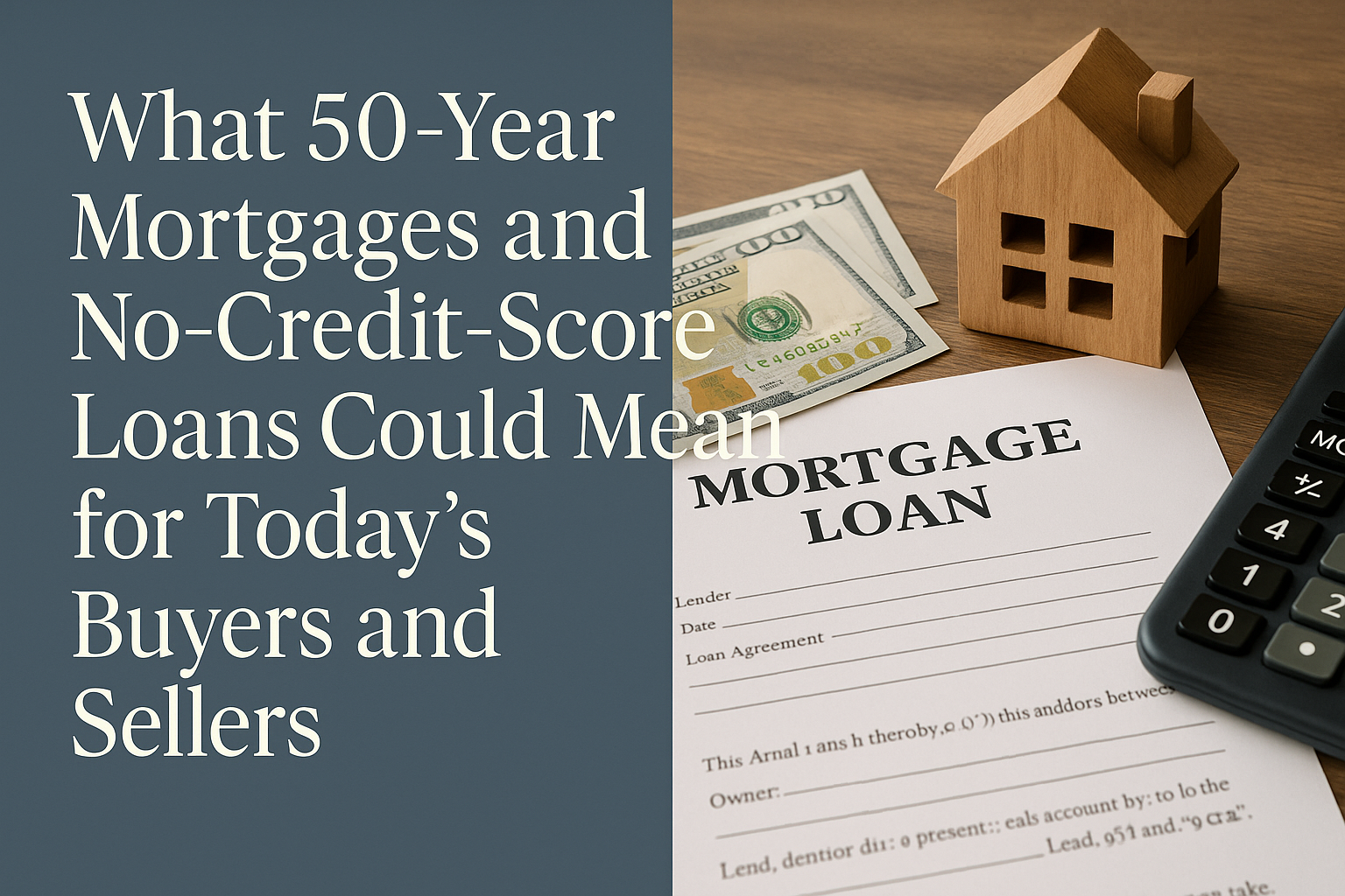 A wooden house model, a $100 bill, a mortgage loan document, a calculator, and a pen on a wooden surface. Overlaid text on a blue background discusses 50-year mortgages and no-credit-score loans.