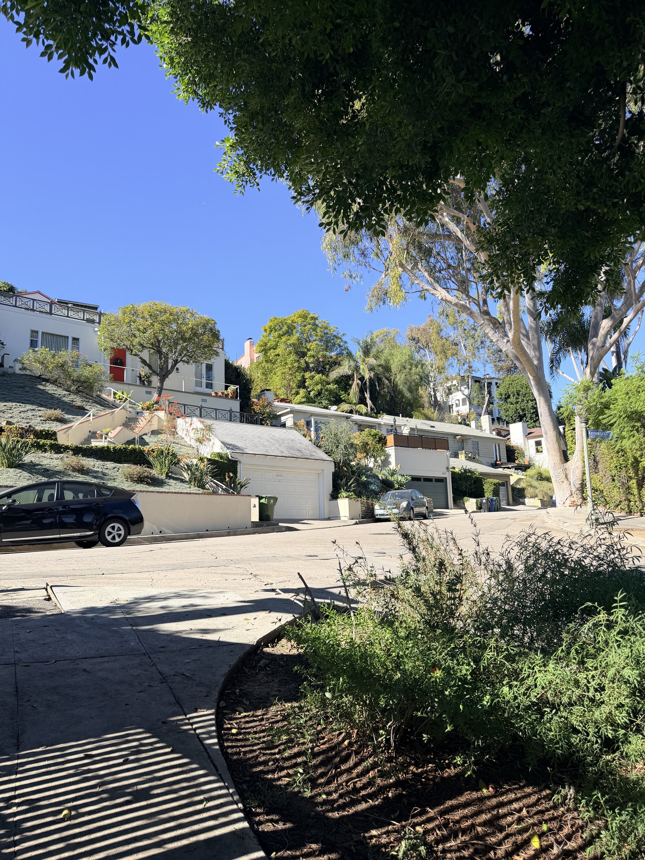 Residential neighborhood on a sunny day with houses on a hillside, large trees, parked cars, and a sidewalk with shadows from a nearby fence.