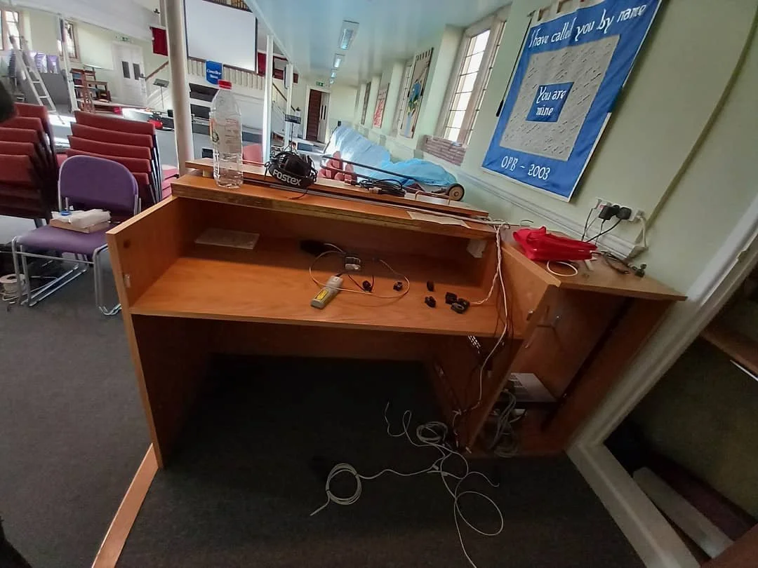 Yesterday we started ripping out the old wiring, and putting in new with some pop up floor panels, for easy access and a tidier finish, plus a new 6u rack for the Sound craft Ui16 and radio mic receivers