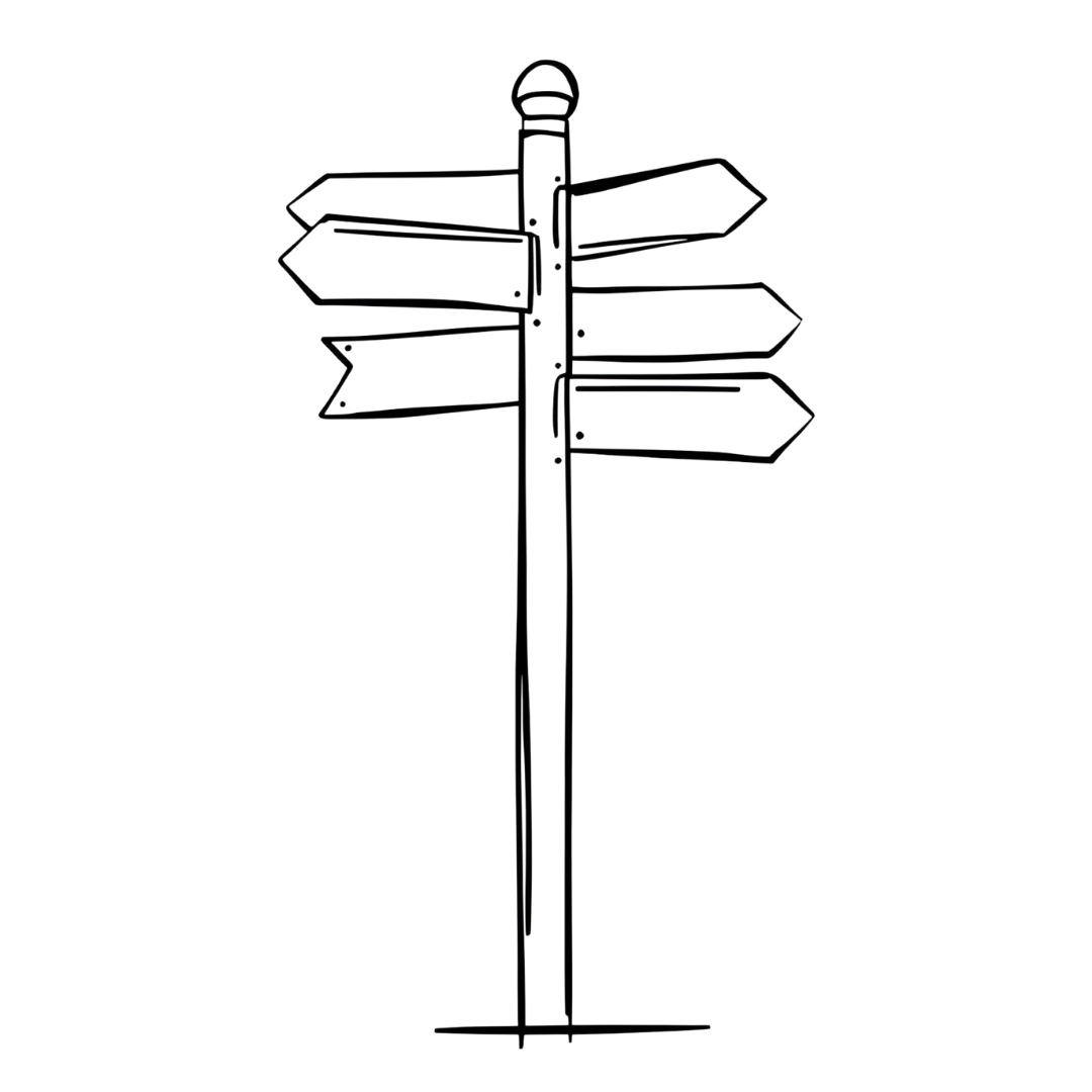 A black and white illustration of a multi-directional signpost with blank arrow signs pointing in different directions.