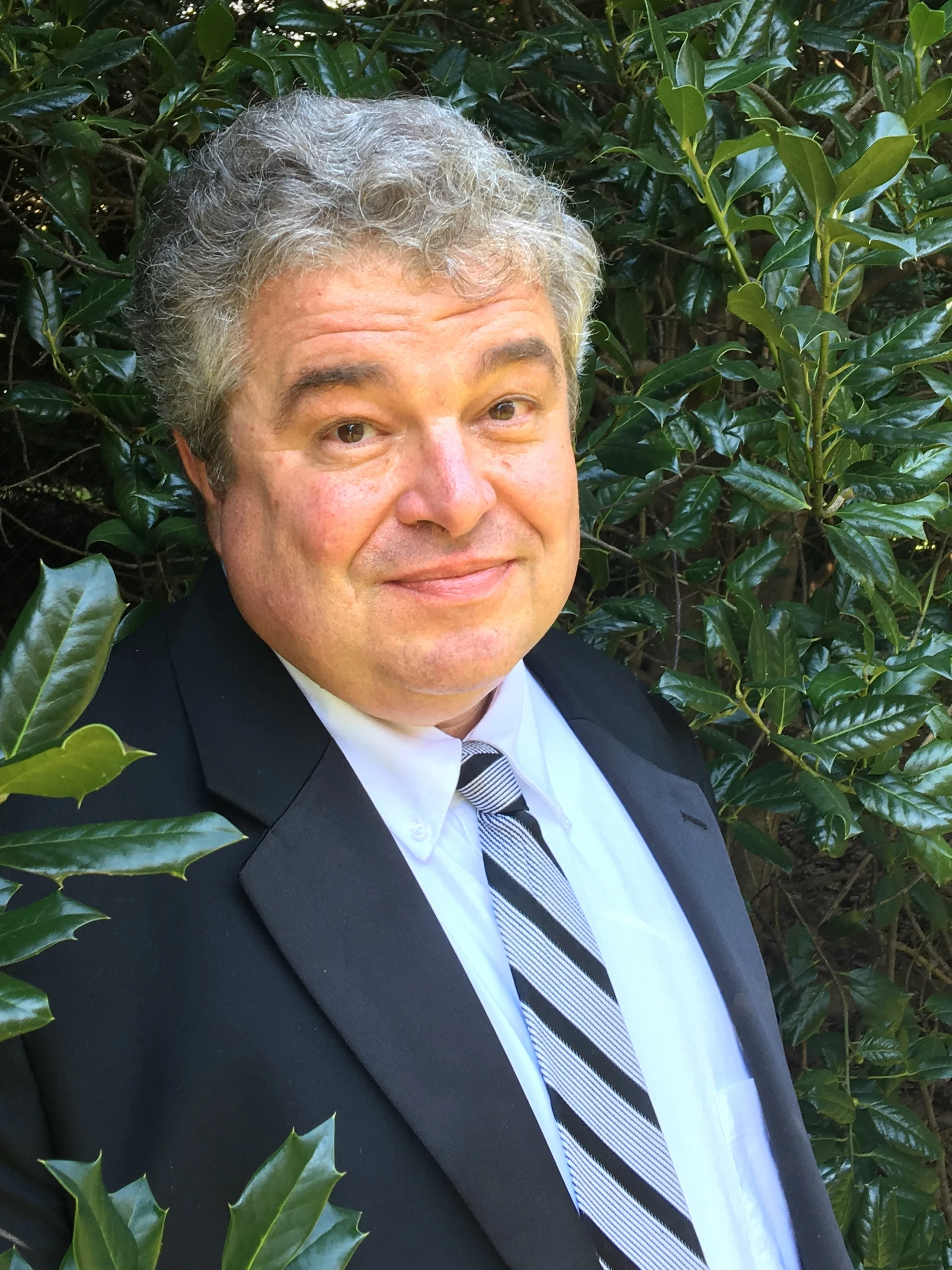 A man wearing a black suit, white shirt, and a striped tie, standing outdoors in front of green bushes.