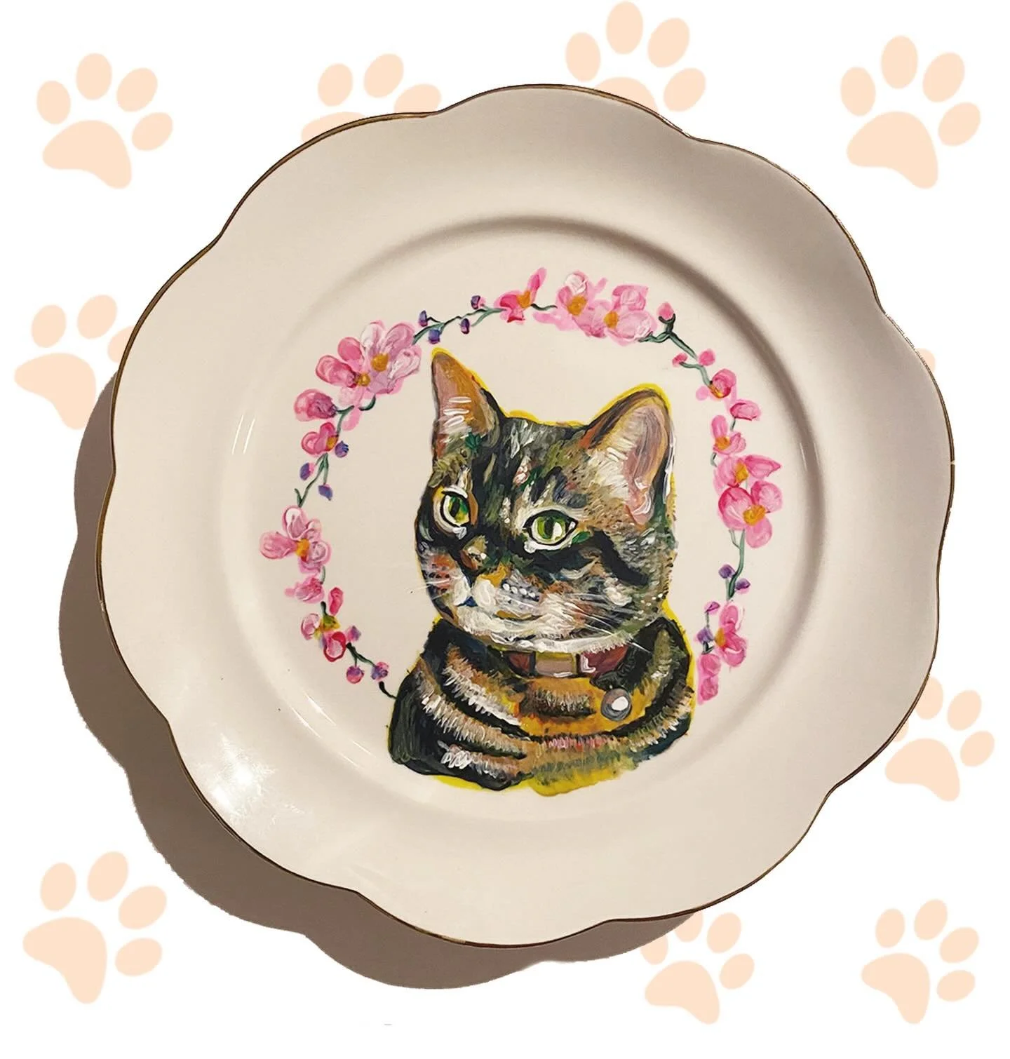 Prince and Opal - 2 absolute characters painted on ornamental plates. Had great fun painting this commission and choosing the floral accompaniments - Orchids and marigolds symbolise their cheeky and majestic personalities!