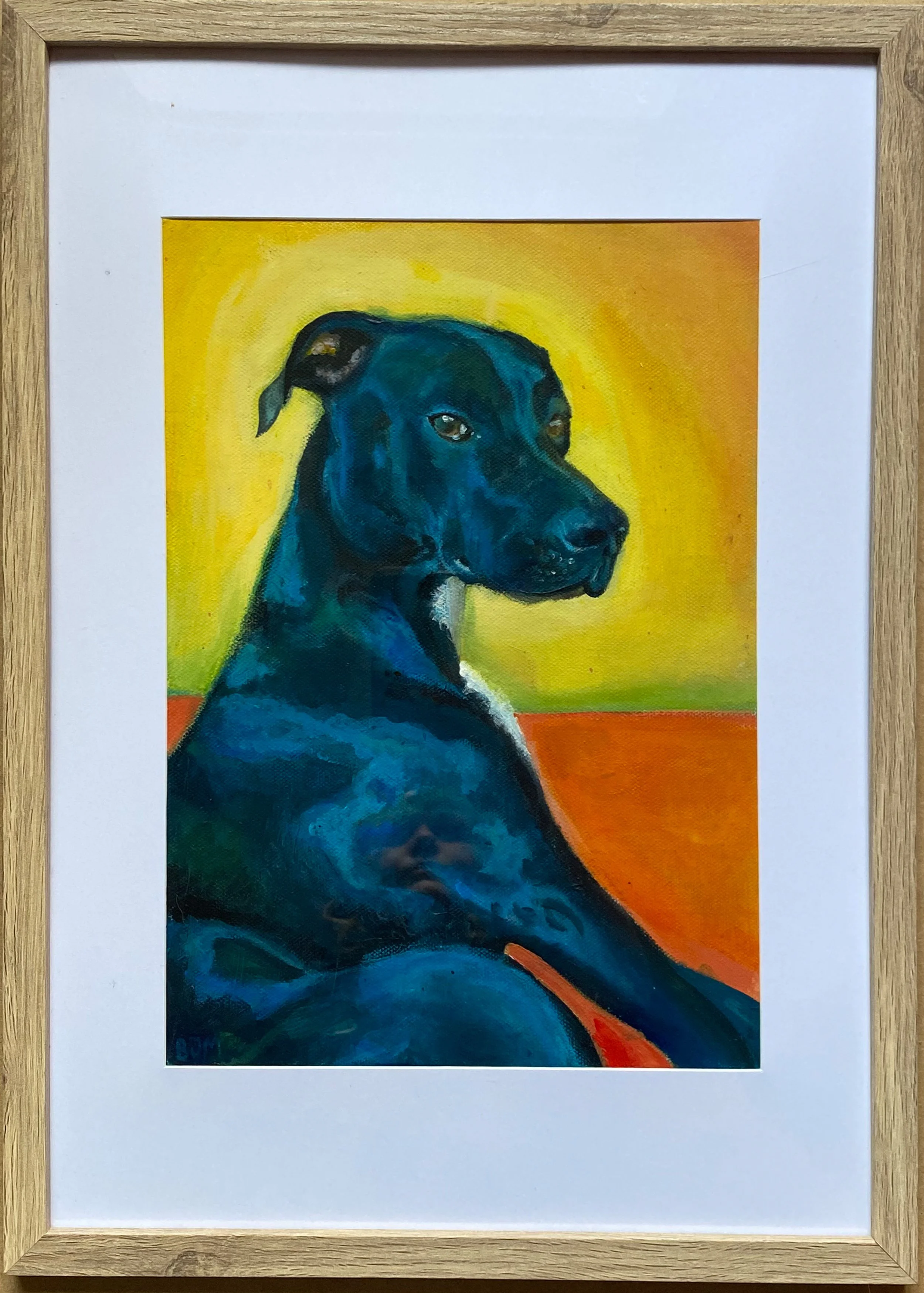 Painting of a black dog with a white patch on its chest, sitting against a vibrant yellow and orange background with a green horizon line.