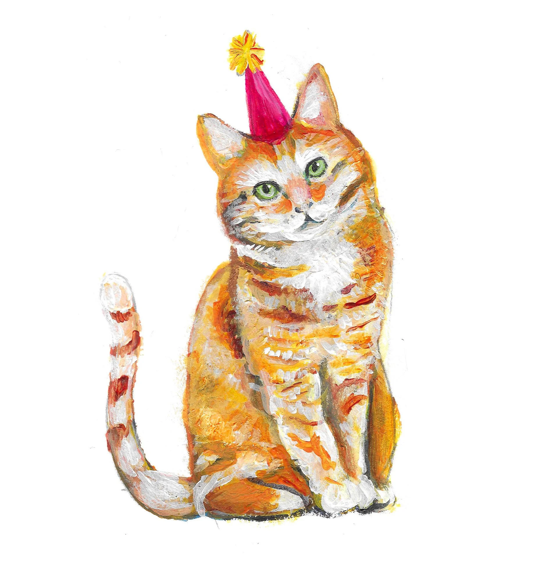 An orange tabby cat with green eyes wearing a pink birthday hat with a yellow pom-pom on top.