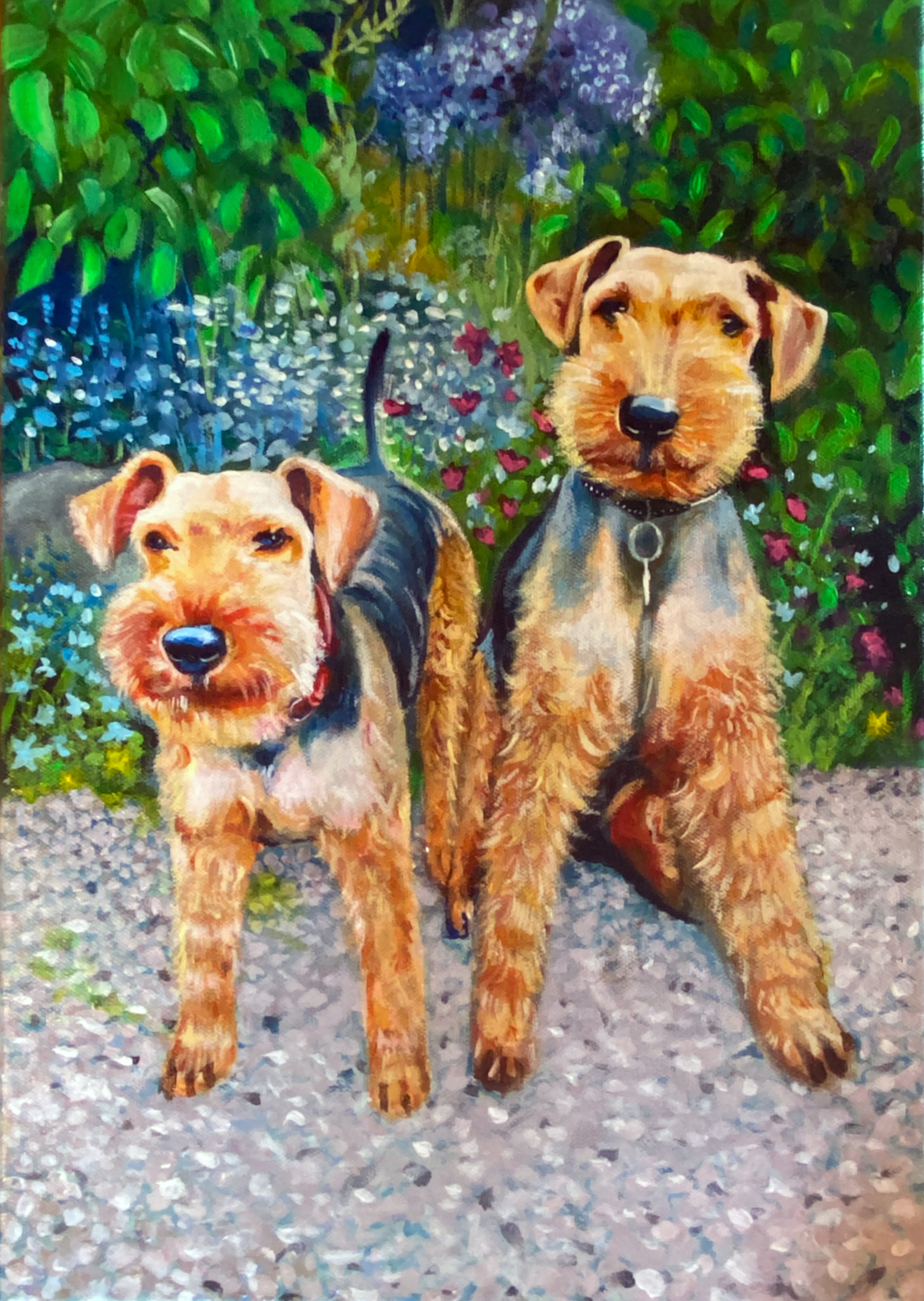Painting of two dogs, one with a black and tan coat and the other with a sand-colored coat, sitting on a gravel path surrounded by green bushes and colorful flowers.