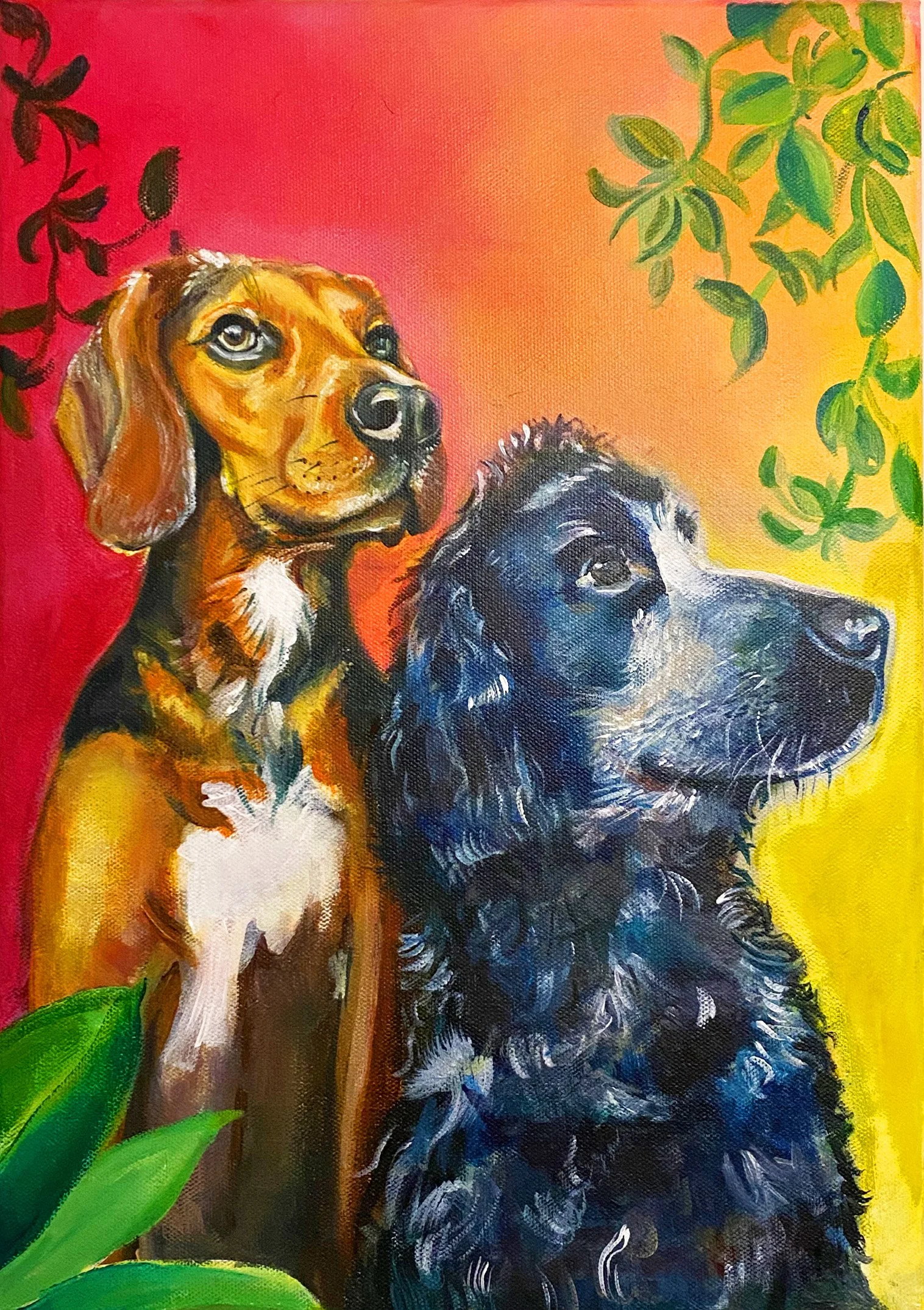Colorful painting of two dogs against a vibrant background with green leaves.