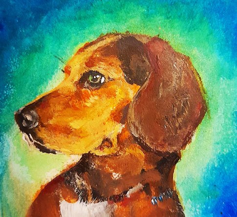 Painting of a brown and tan dog with a black nose, looking to the left, against a blue and green background.