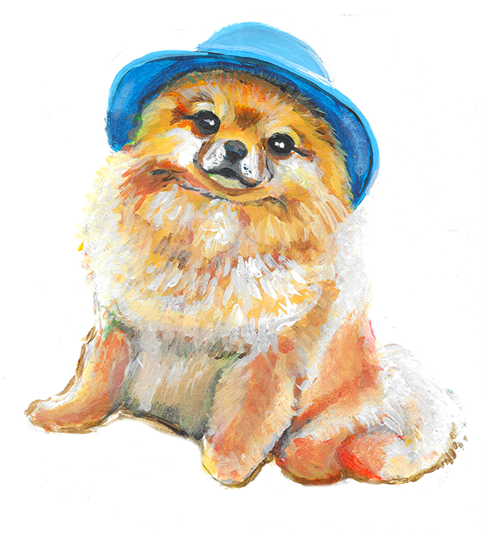 Watercolor painting of a cute dog wearing a blue hat.