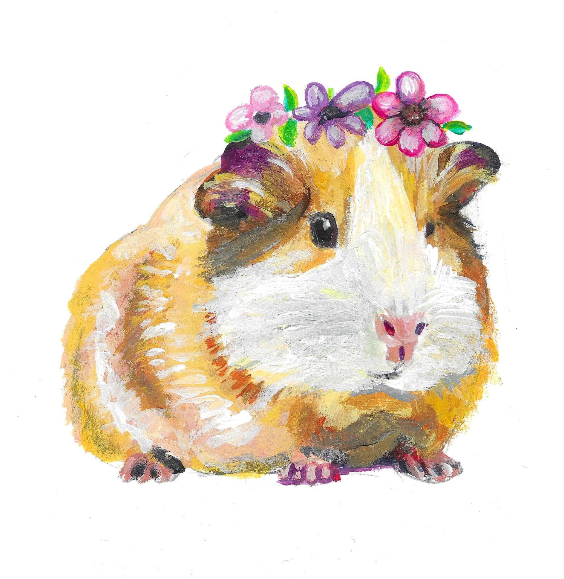 A painting of a guinea pig wearing a flower crown with pink and purple flowers and green leaves.
