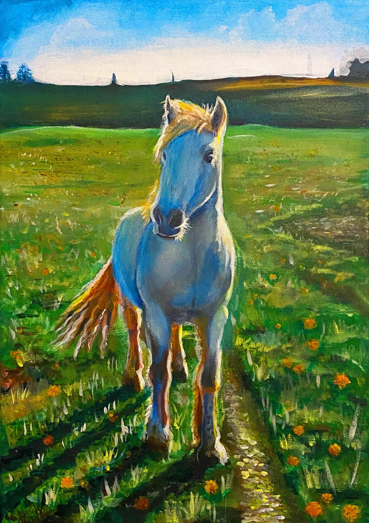 Painting of a white horse with a brown mane walking towards the viewer across a green field with orange flowers, under a blue sky with clouds