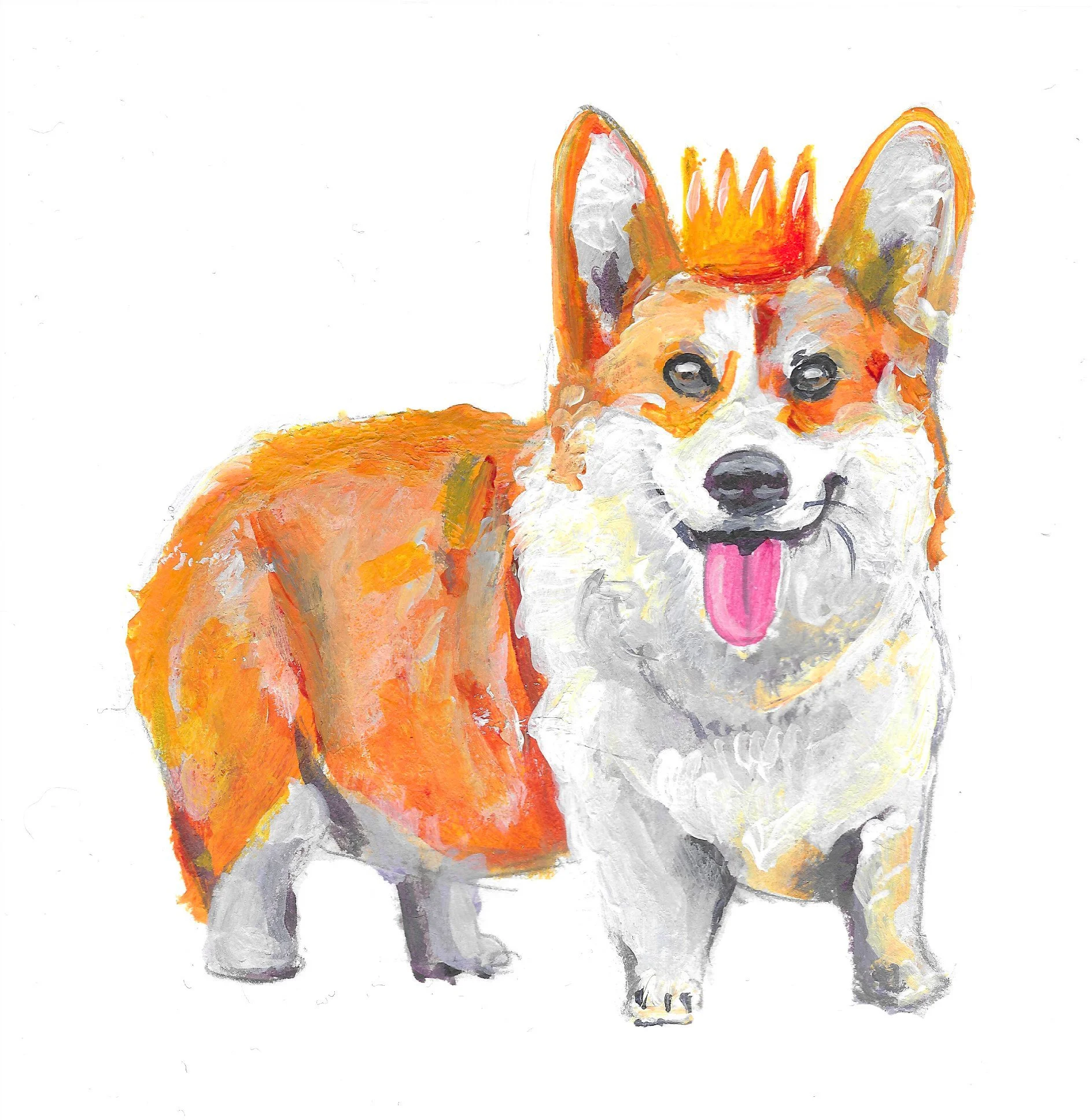 Watercolor painting of a happy corgi dog with its tongue out, wearing a small orange crown, against a white background.