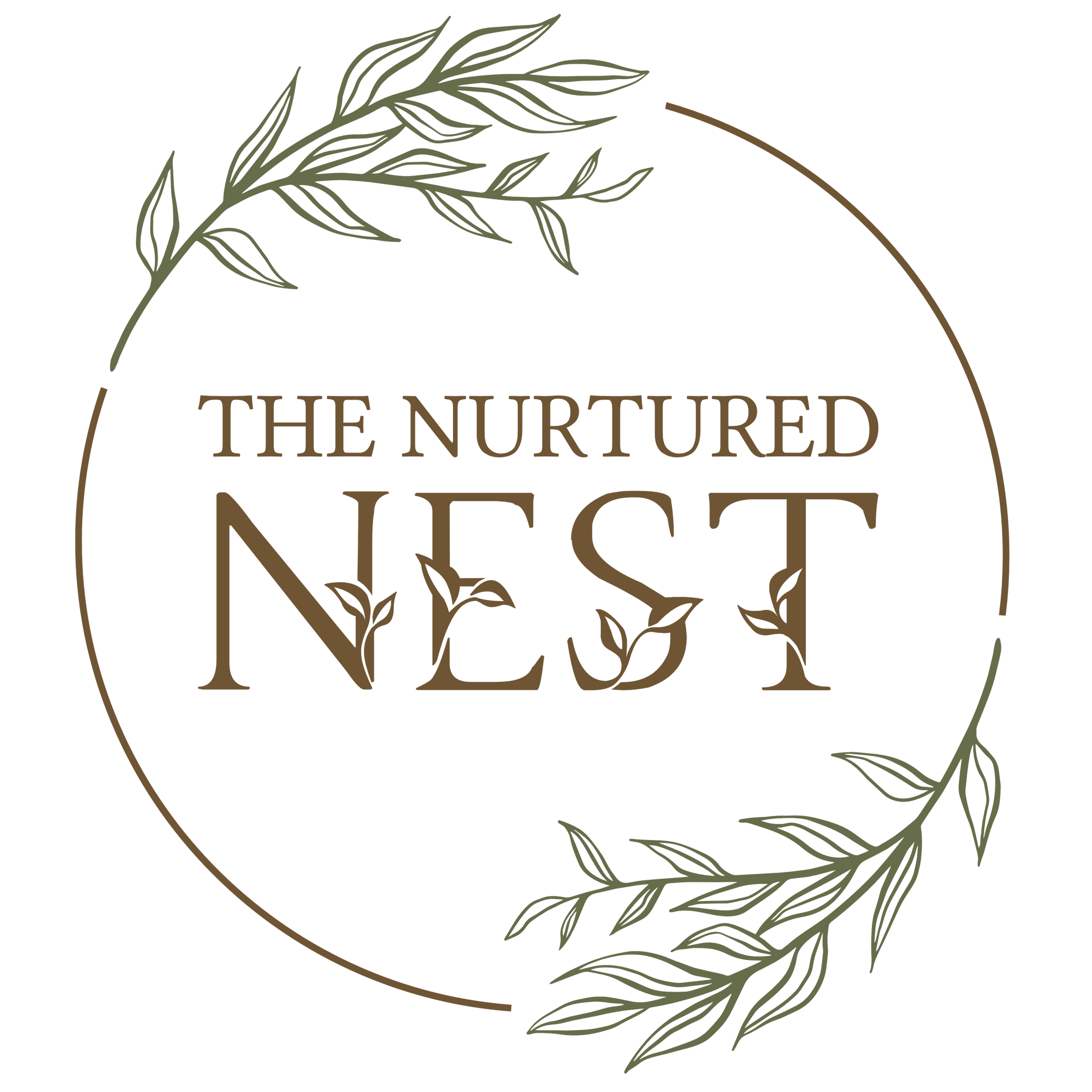 Logo of the nurtured nest containing the title of the business and floral embellishments