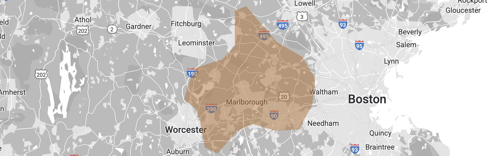 A map showing the service area of The Nurtured Nest