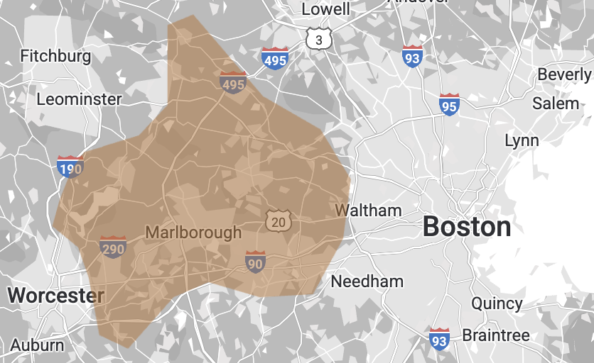 Map showing service area of The Nurtured Nest in Middlesex County, MA