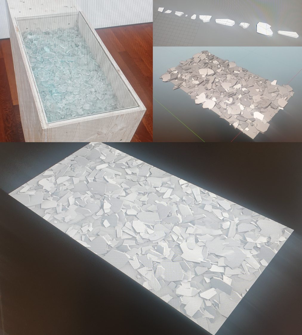 Procedural geometry generation + texture baking

Glass shards were procedurally scattered and randomized as geometry, then baked into texture maps and applied to a simplified surface for significantly improved real-time performance.