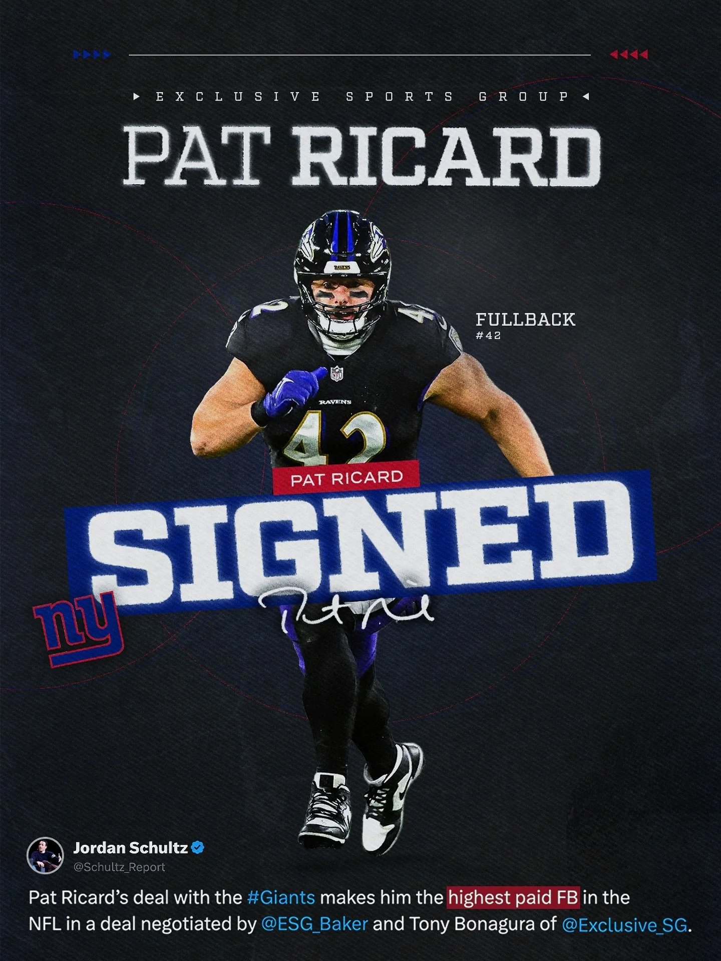 Congratulations to our guy, 6x Pro Bowler Pat Ricard on signing with the New York Giants, making him the highest-paid FB in the NFL 🔥 #BeExclusive &bull; @pric508
