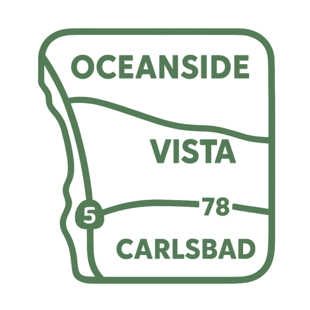 Map of California showing the cities of Oceanside, Vista, and Carlsbad along with highways 5 and 78.