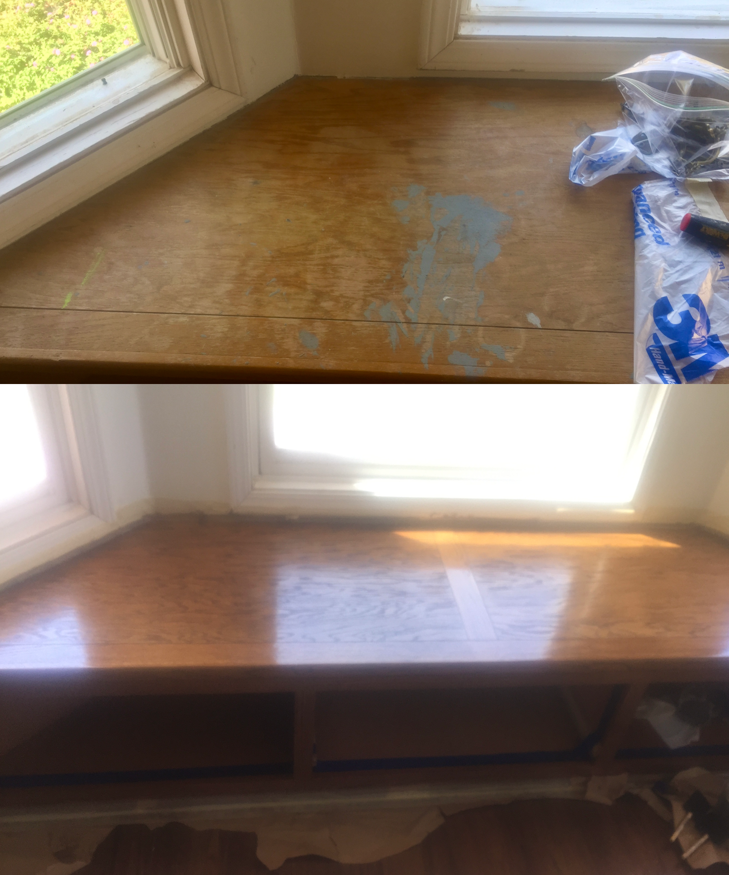 Before and after images of a windowsill with wooden surface, showing a cleaning and refinishing process.