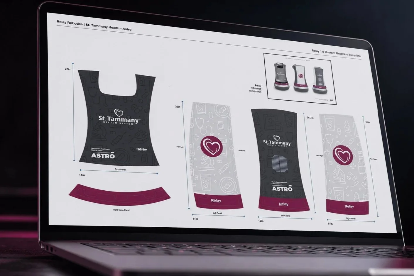 Laptop displaying front, side and back wrap designs for ASTRO, a St. Tammany Health System autonomous courier robot.
