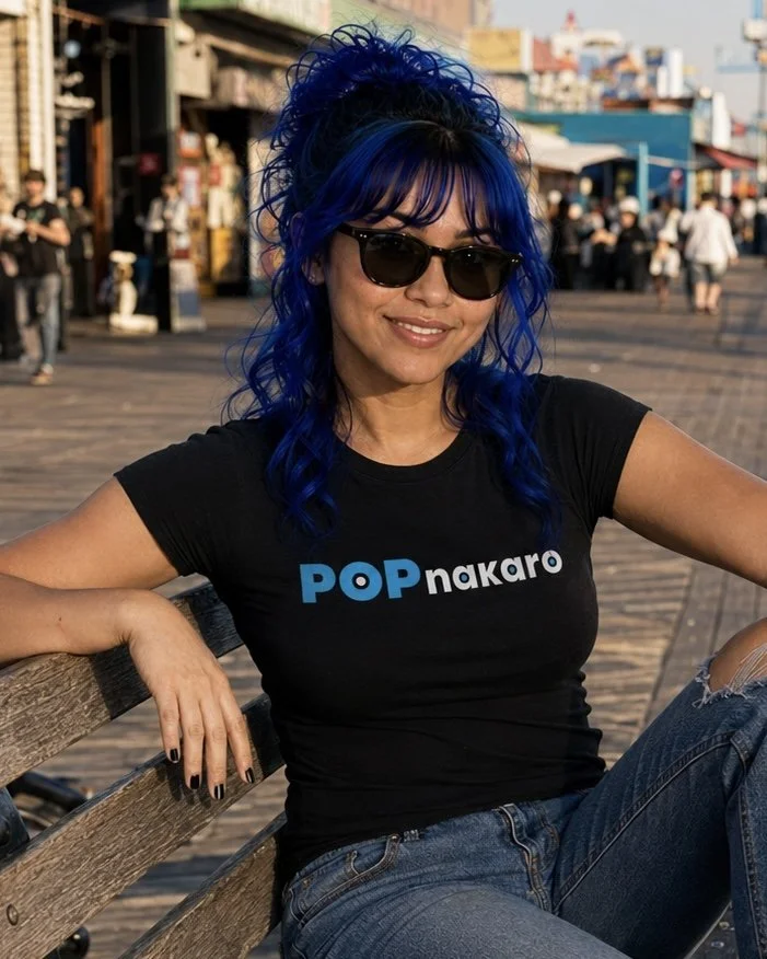 Woman with curly blue hair, wearing sunglasses, black "POP nakaro" t-shirt, and ripped jeans, sitting on a park bench outdoors with a busy waterfront or boardwalk in the background.