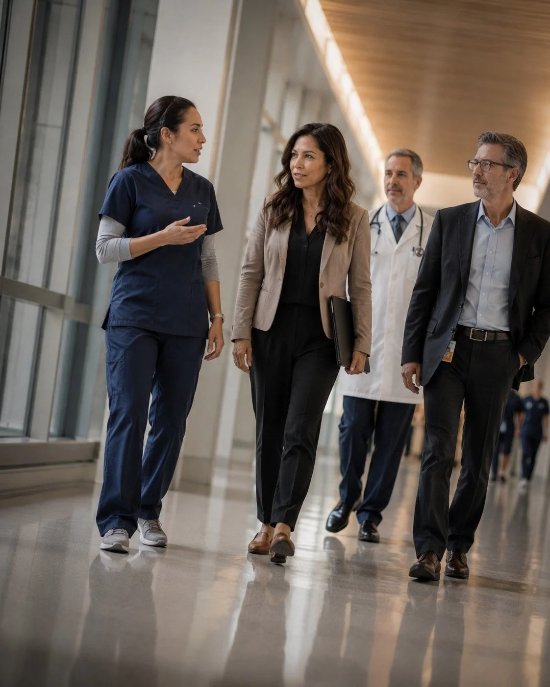 A healthcare leadership team walks through a modern hospital corridor during executive rounds. A nurse in navy scrubs explains an observation while gesturing, as a woman in a tan blazer carrying a black portfolio listens attentively. A physician in a