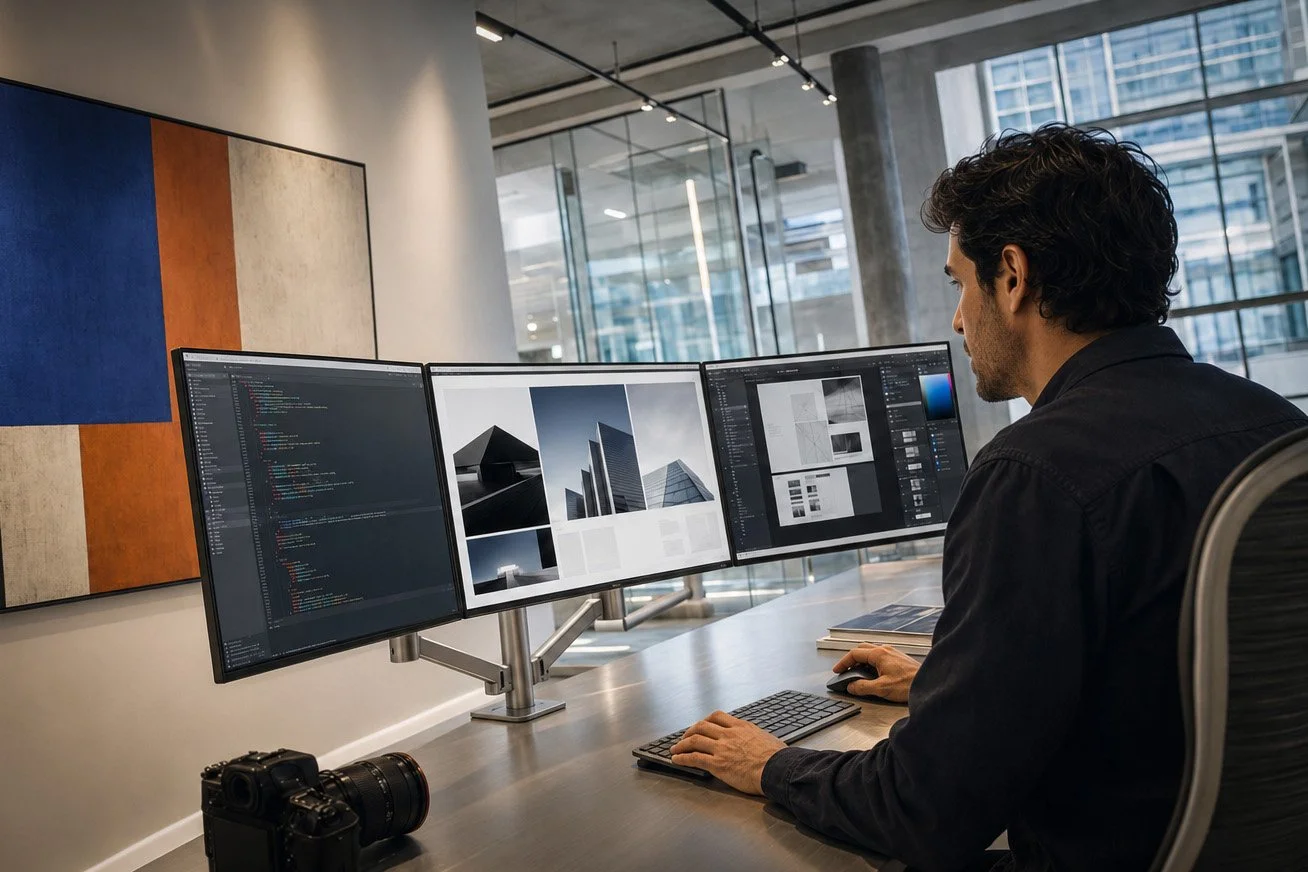 Website designer working at a desk with three monitors in a bright modern studio.