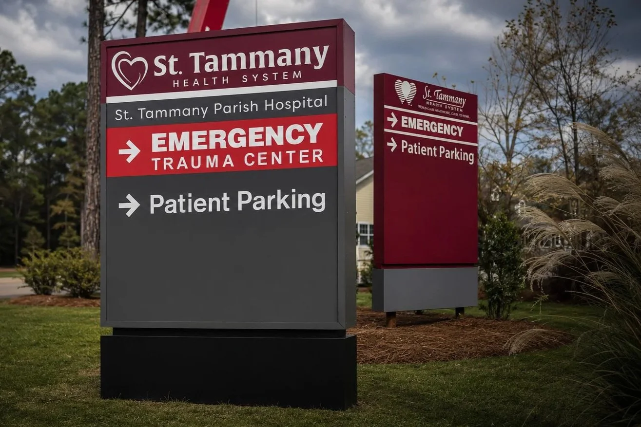 New St. Tammany Health System monument in the foreground with the outgoing maroon monument behind it, showing the contrast in information hierarchy.
