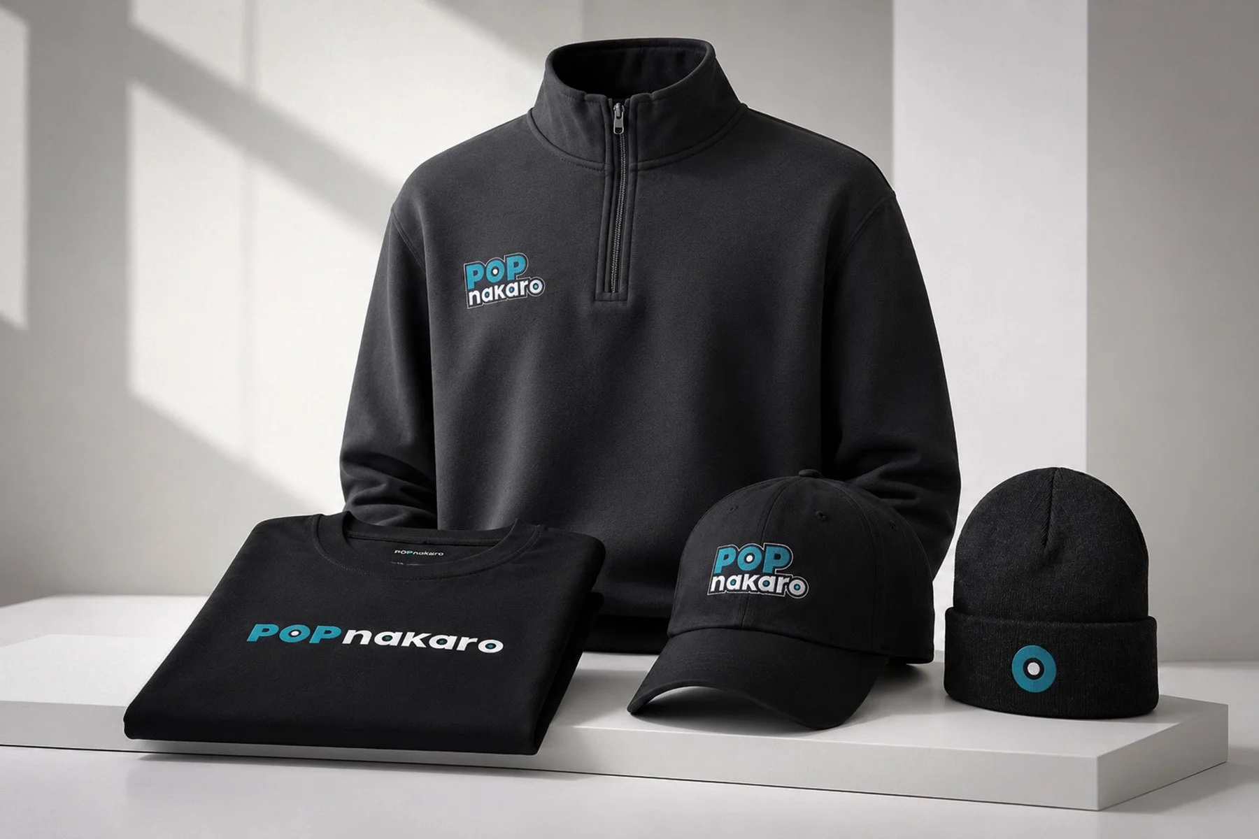 Black POP nakaro T-shirt, quarter-zip pullover, baseball cap and knit beanie displayed together.