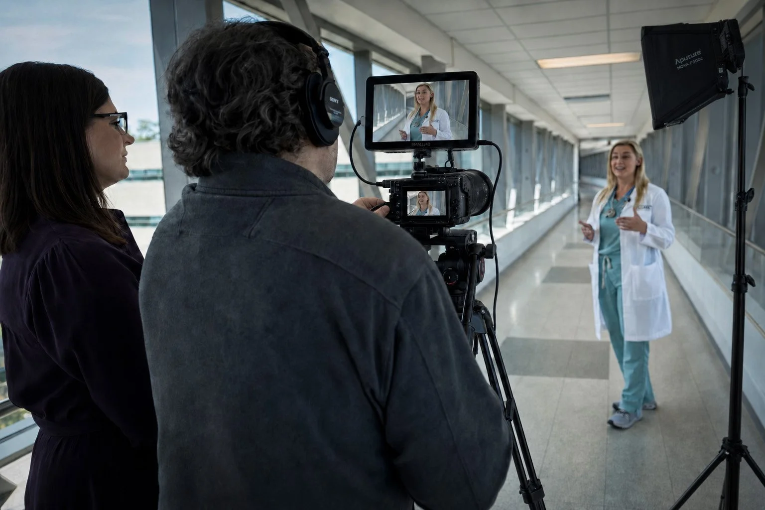 Timothy San Fillippo and a colleague film physician speaking in a St. Tammany Health System hospital corridor.
