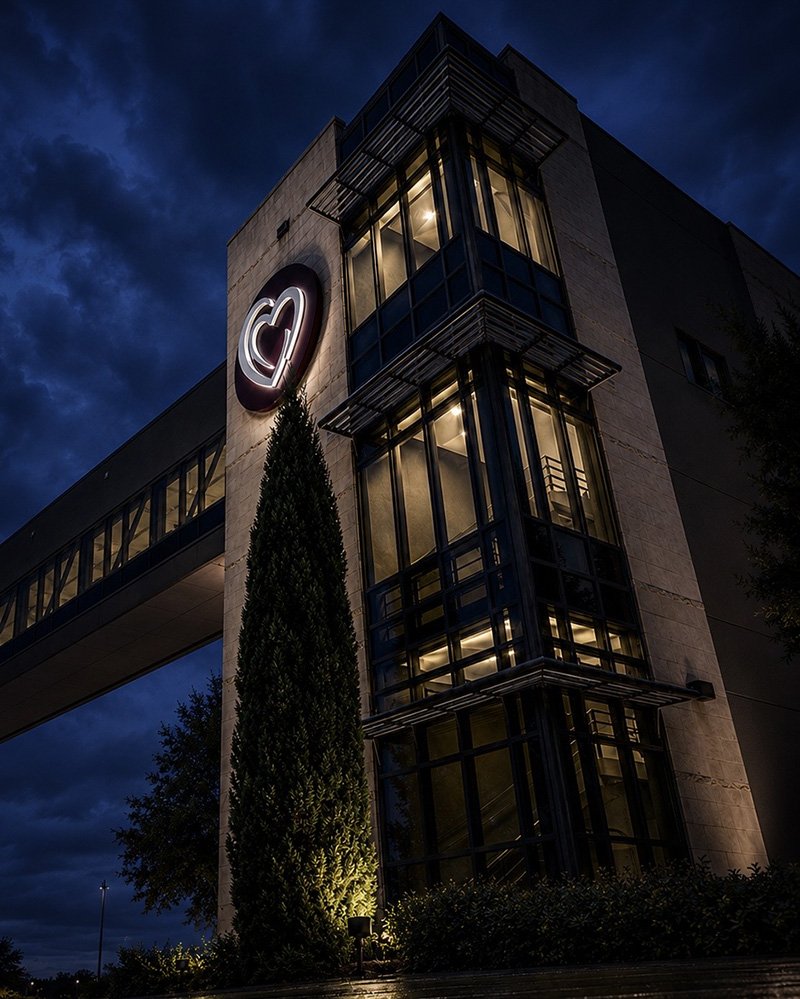 A modern multi-story building at night with illuminated windows and a logo of a heart with a smiley face on the exterior wall, surrounded by trees and bushes.