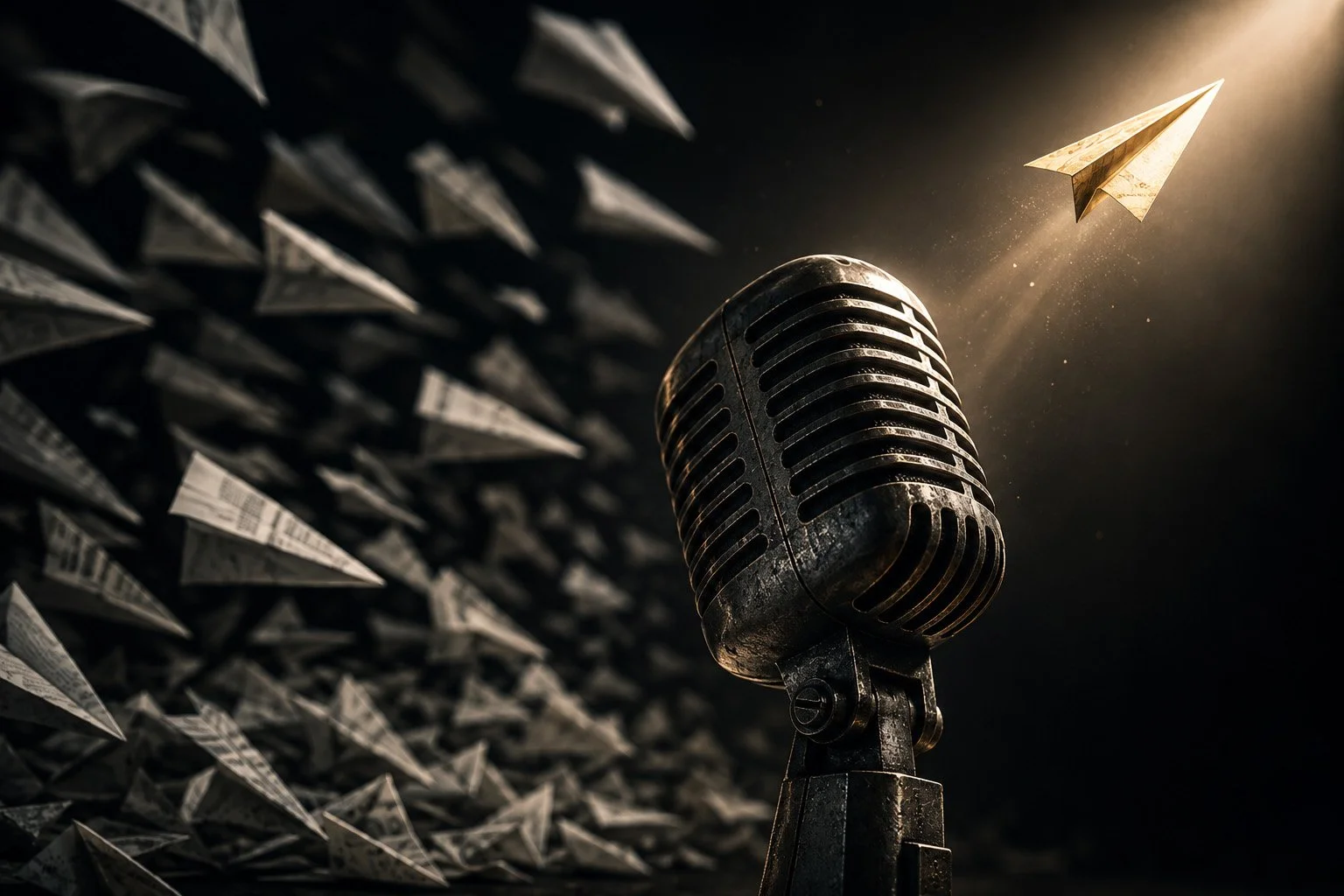 Vintage microphone surrounded by paper airplanes flying toward a beam of light.
