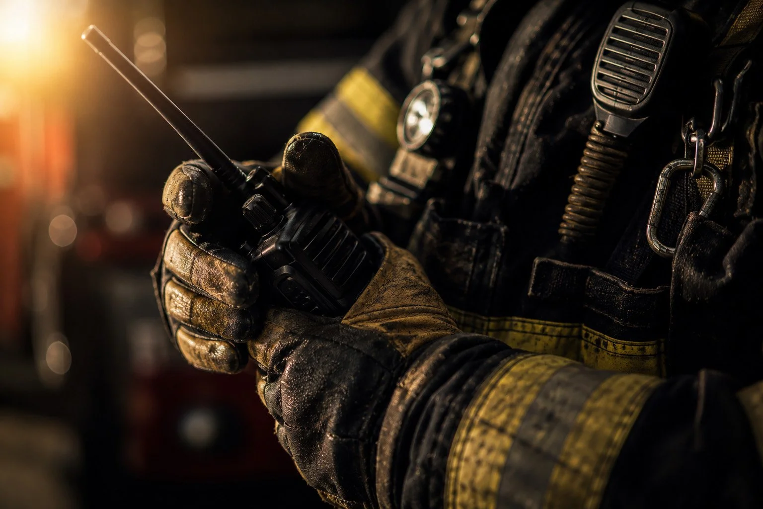 Close-up of a firefighter checking a radio during equipment preparation, symbolizing readiness, training, and crisis preparedness.