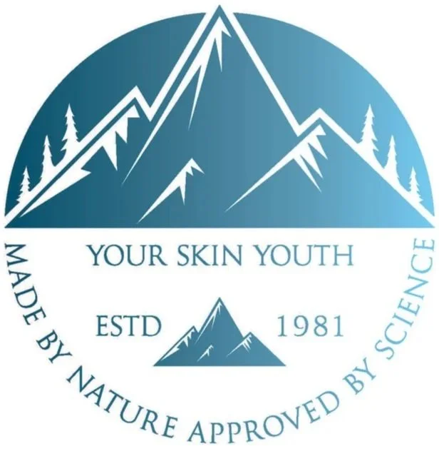 A circular logo featuring stylized mountain peaks and pine trees. Text includes "Your Skin Youth," "ESTD 1981," and "Made by Nature Approved by Science."