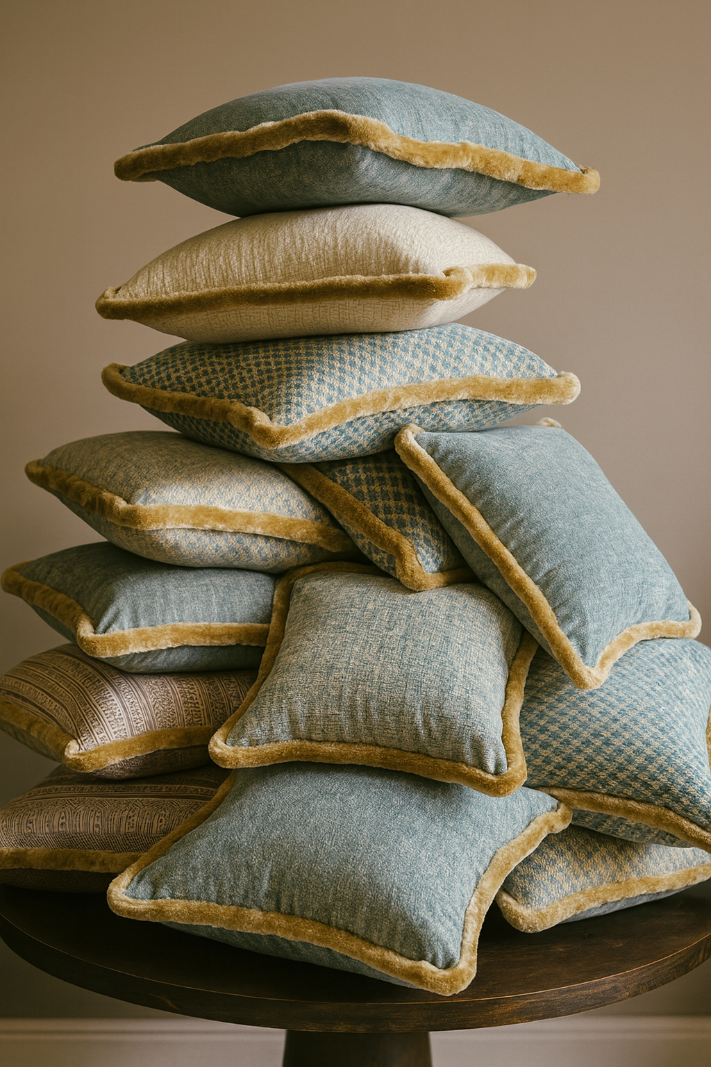 A tall stack of decorative pillows in various blue, cream, and patterned fabrics with velvet trim on a dark wooden table.