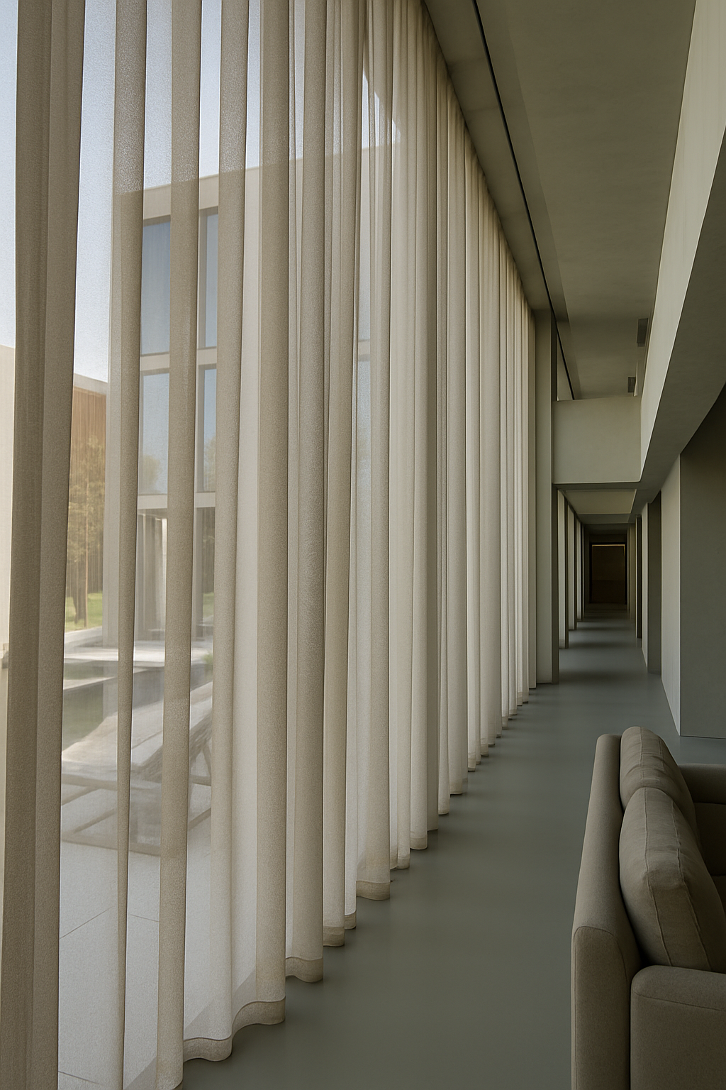 A modern interior corridor with floor-to-ceiling windows covered by sheer curtains, and a beige sofa partially visible on the right.