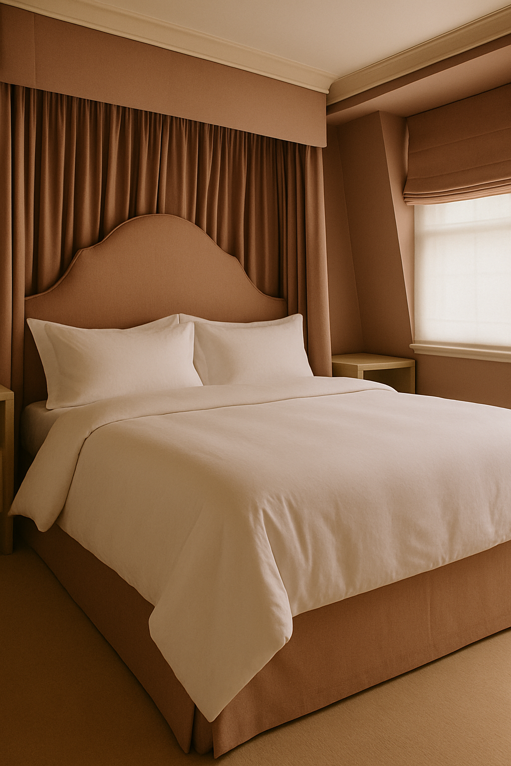 A neatly made bed with white linens and pillows in a hotel room, with beige and pink tones, a headboard, curtains, and a window with blinds.
