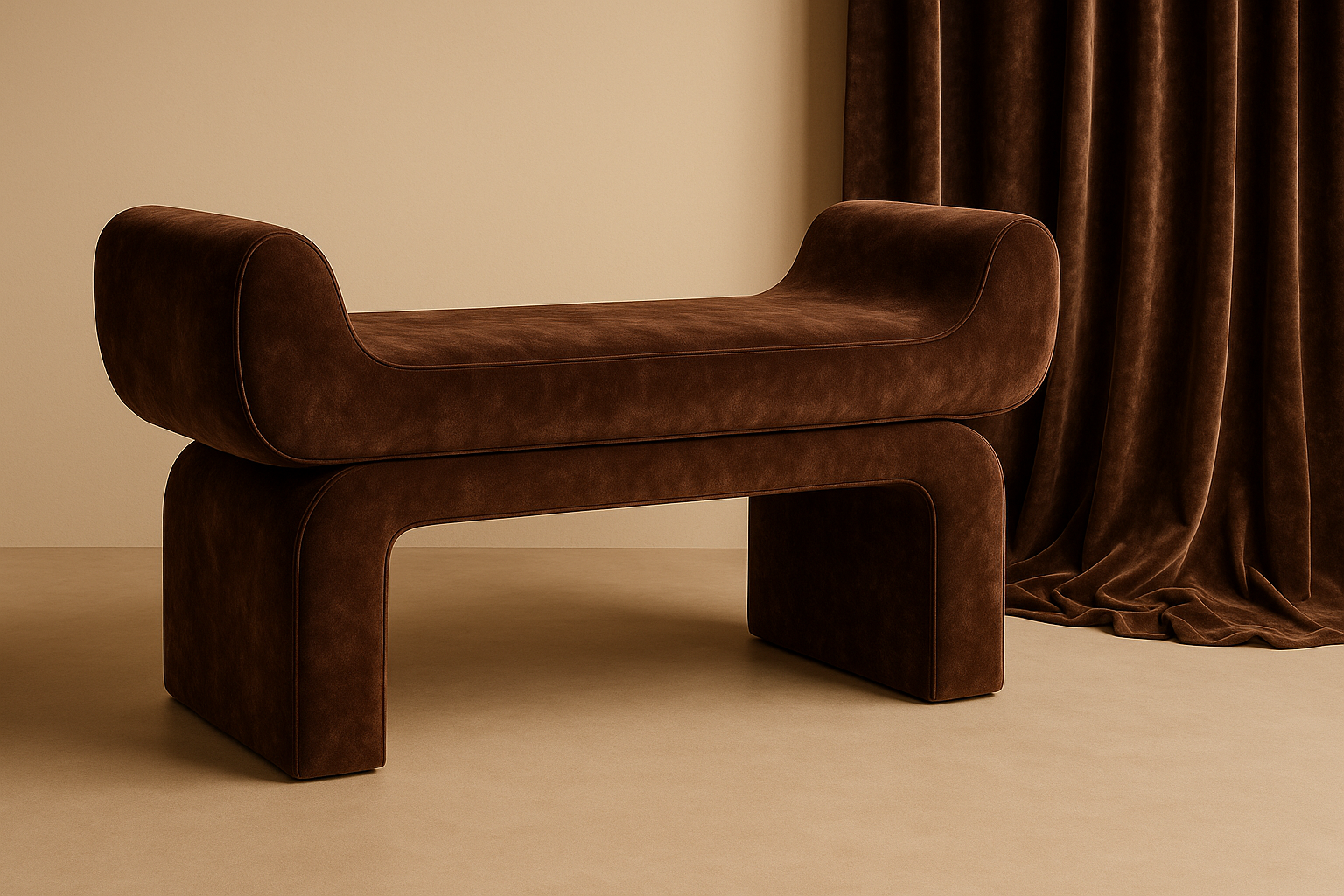 A modern brown leather chaise lounge with a rounded headrest, set against a beige background with a brown curtain to the right.