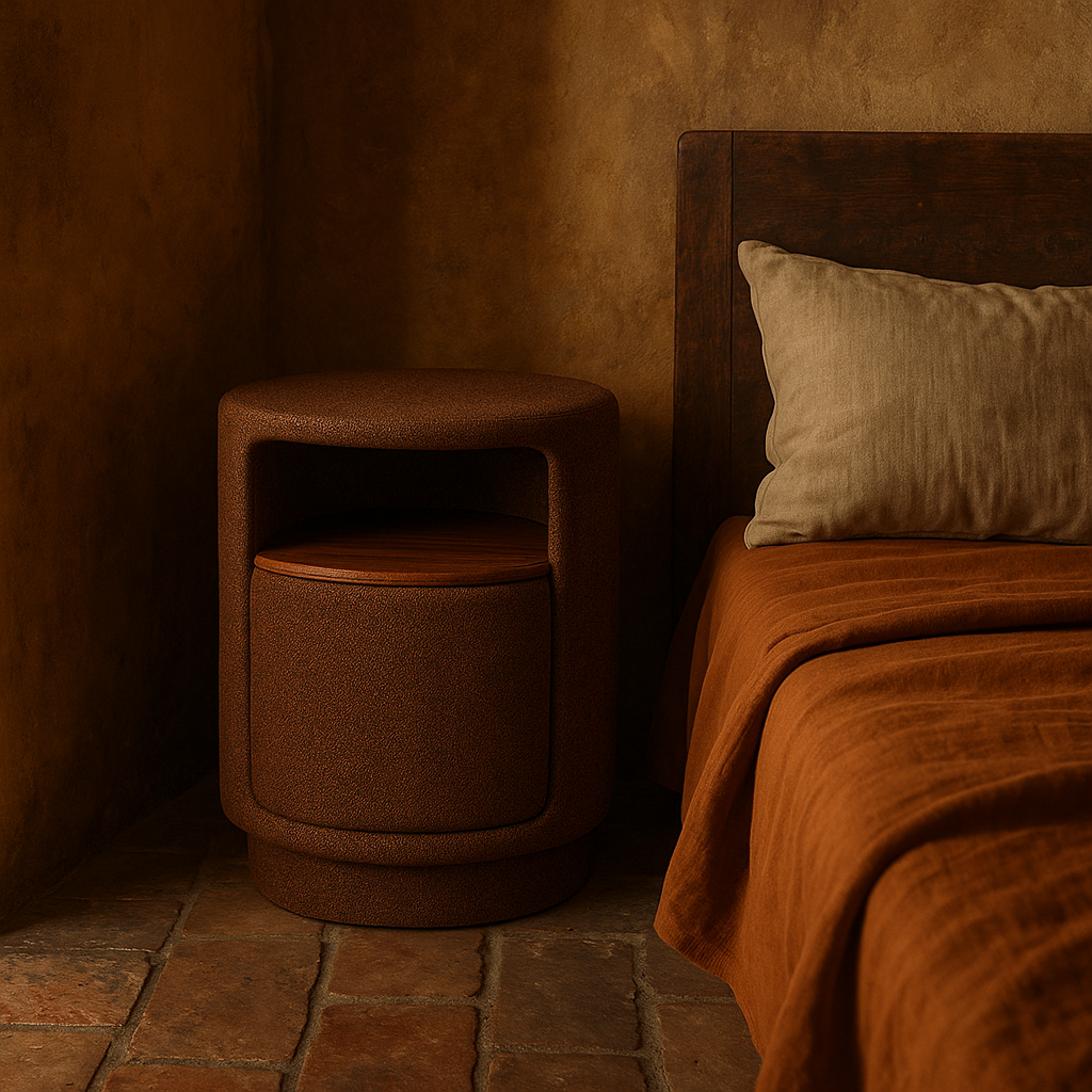 A bedroom corner featuring a brown round nightstand with a wooden top, placed beside a bed with a beige pillow and brown bedding. The room has warm, earthy tones with textured walls and tile flooring.