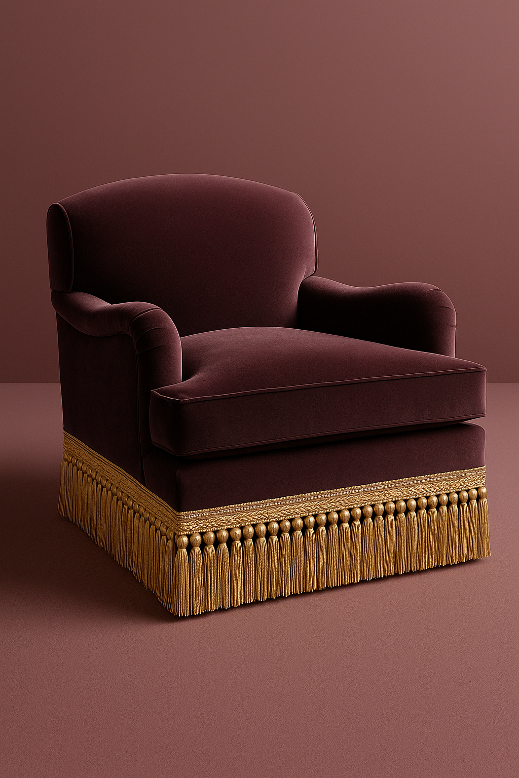A plush maroon armchair with gold tassels and fringe at the bottom, set against a matching maroon background.