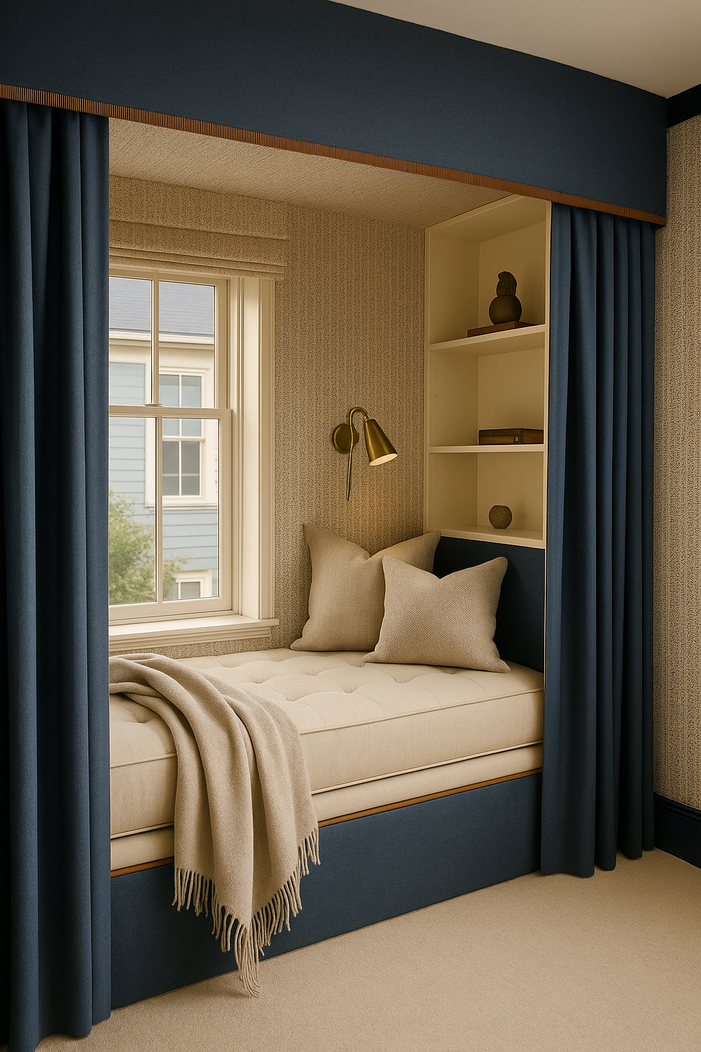 Corner window seat with cream cushions and pillows, navy blue curtains, off-white walls, built-in white bookshelf with decorative objects, gold reading wall lamp.