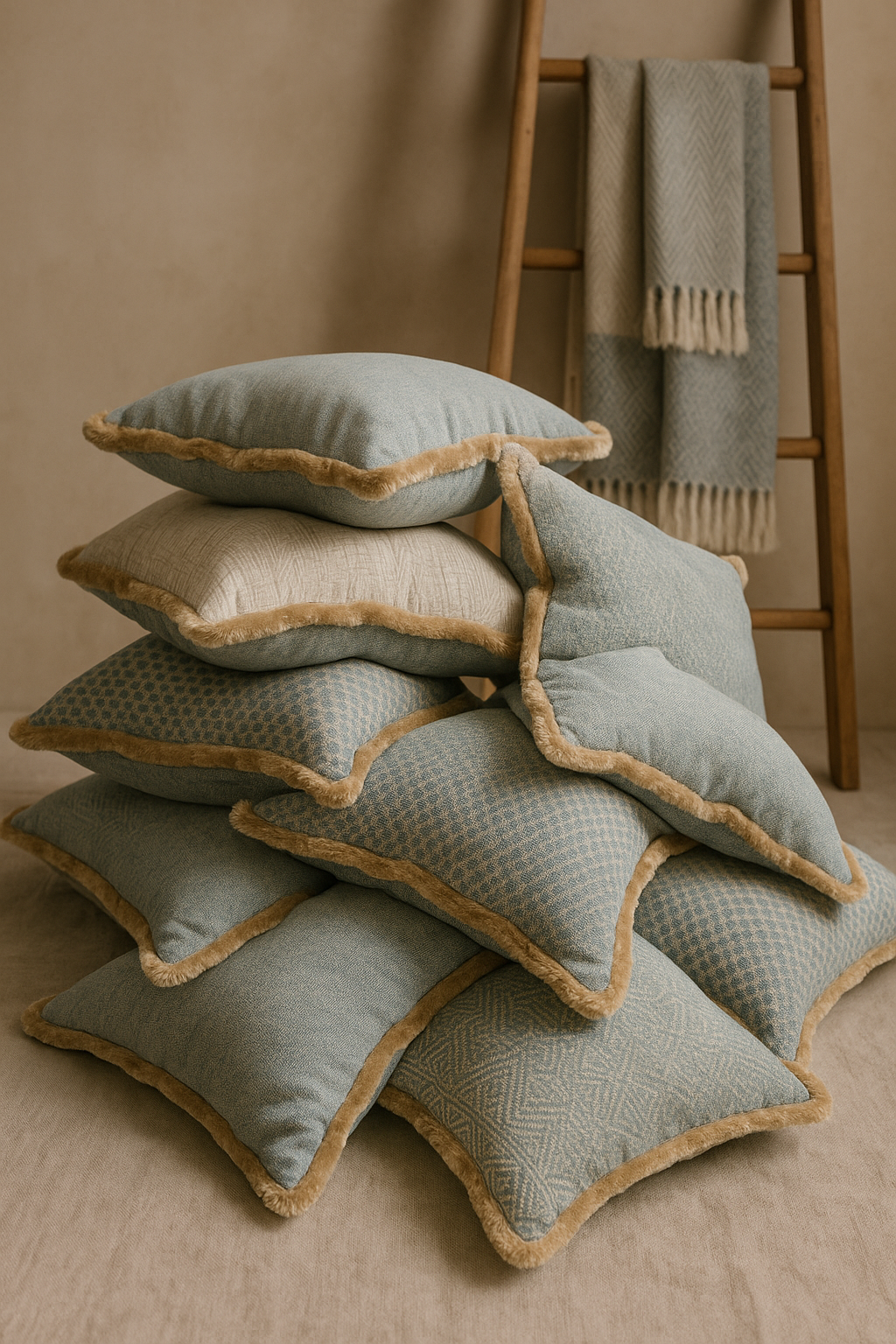 A stack of six decorative pillows with beige and pastel blue covers, each edged with fluffy beige trim, on a beige surface. In the background, a wooden ladder with two pastel blue and beige fringed blankets hanging on it.