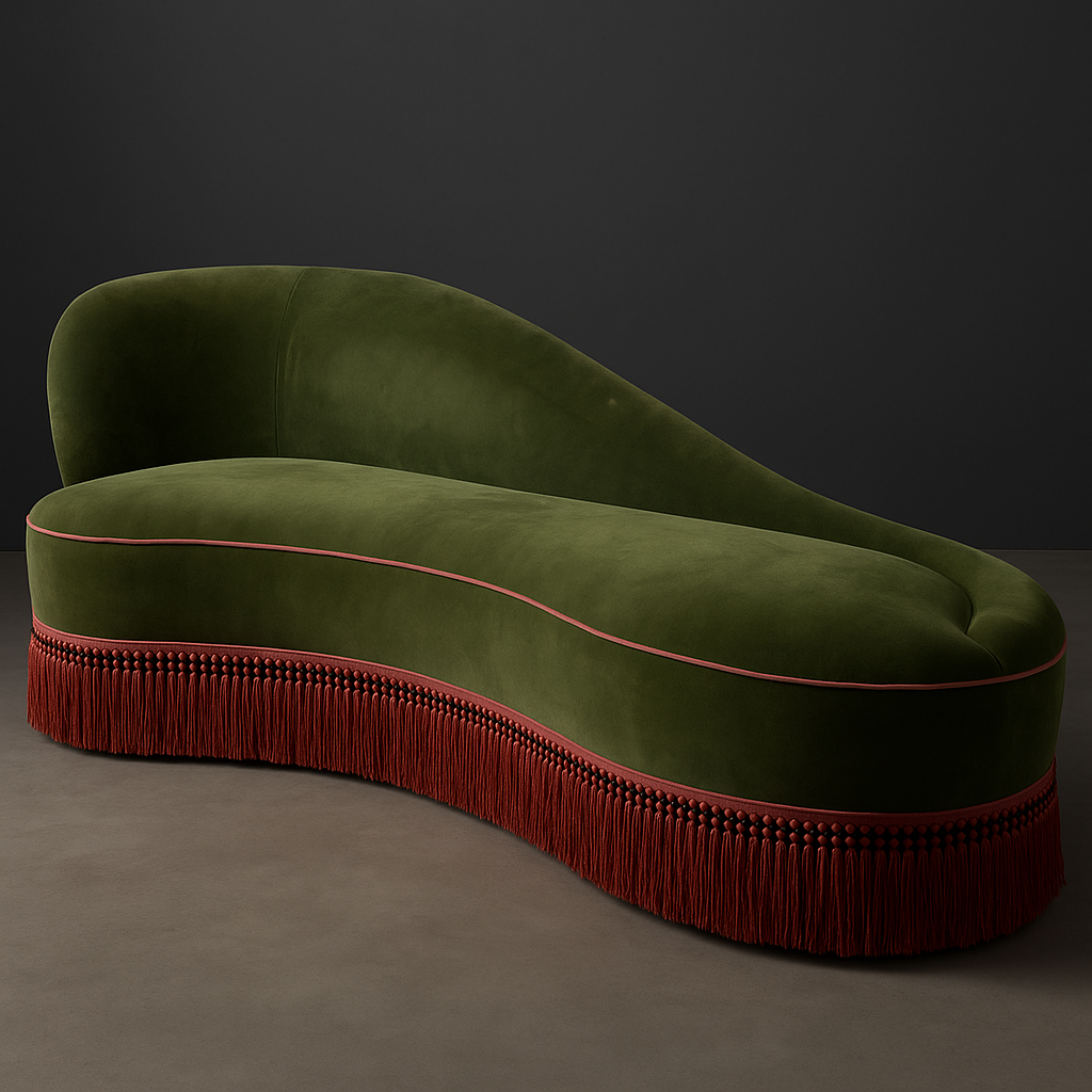 Luxurious green velvet chaise lounge with pink piping and a red fringe.